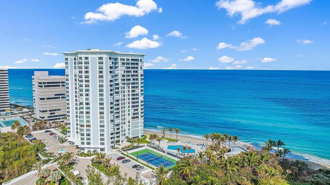 An oceanfront condominium tower on the Atlantic coast of Palm Beach County