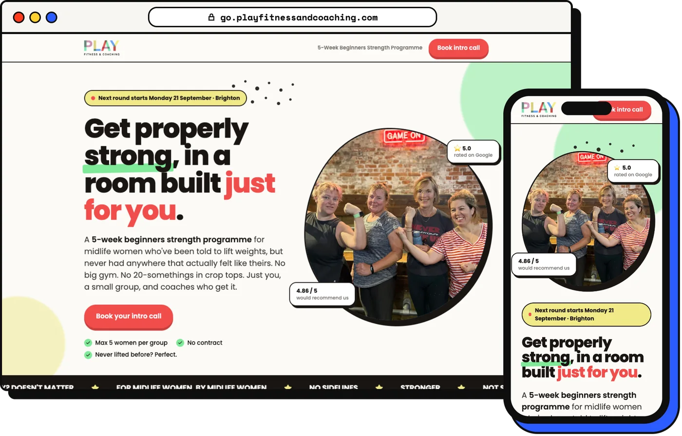 The Play Fitness & Coaching website on a laptop and a phone