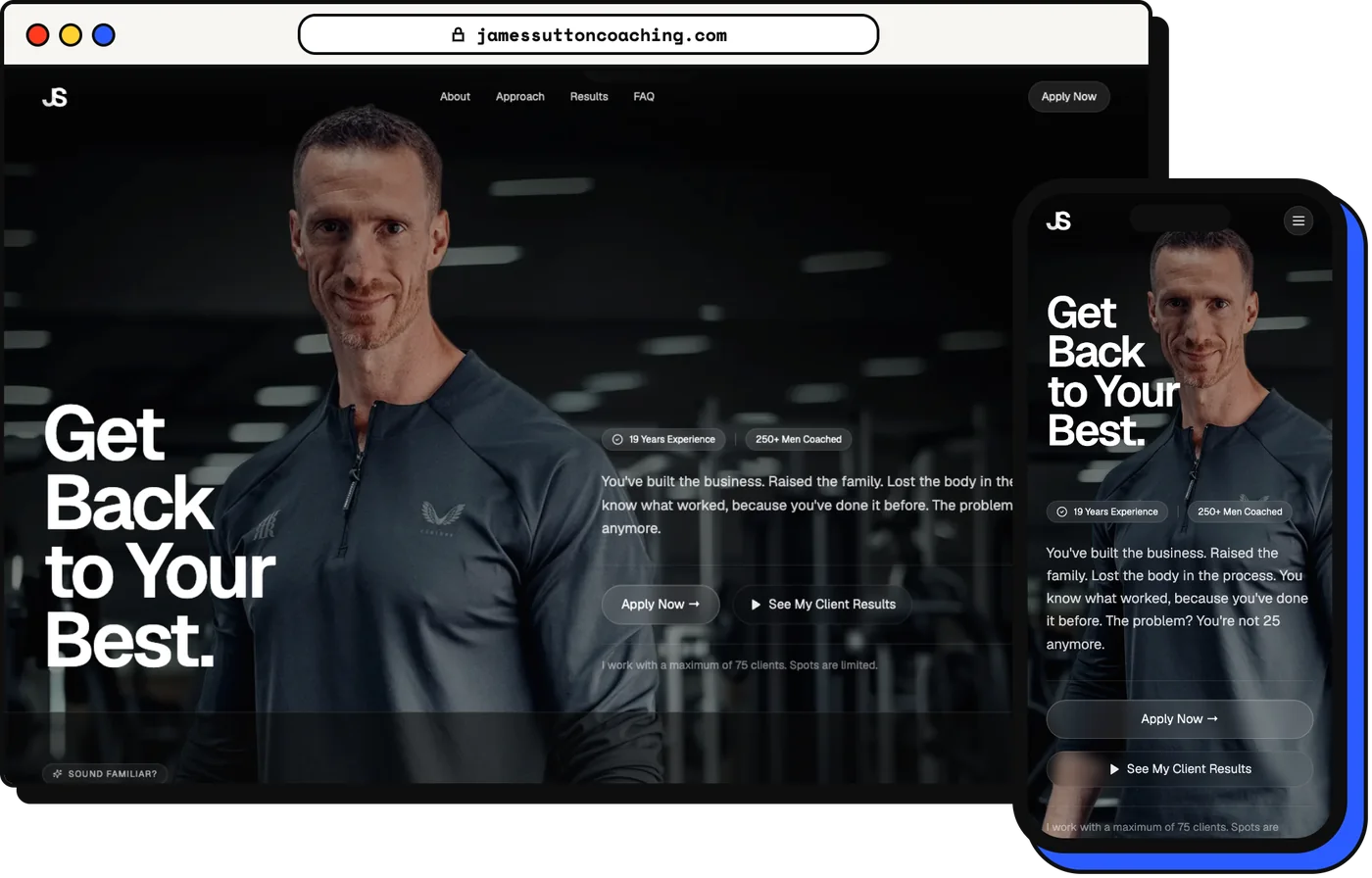 The James Sutton Coaching website on a laptop and a phone