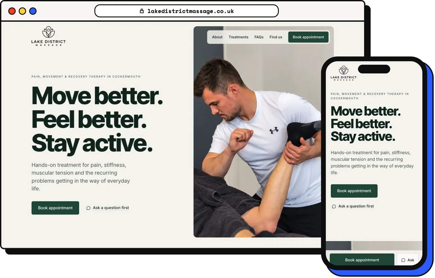 The Lake District Massage website on a laptop and a phone
