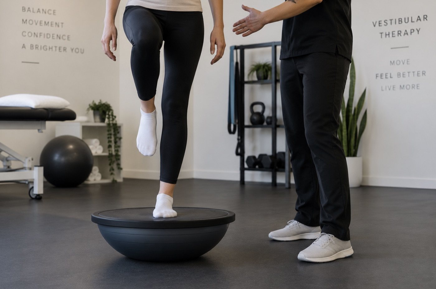 Patient doing a balance exercise with a therapist