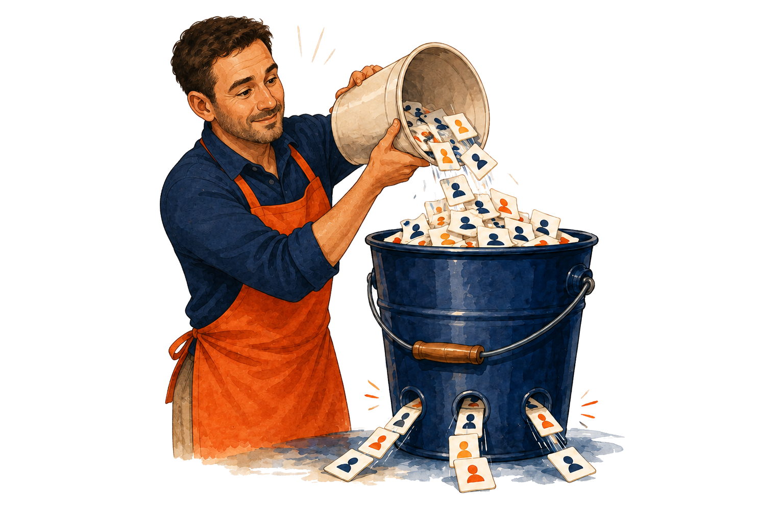 Business owner pouring leads into a leaky bucket
