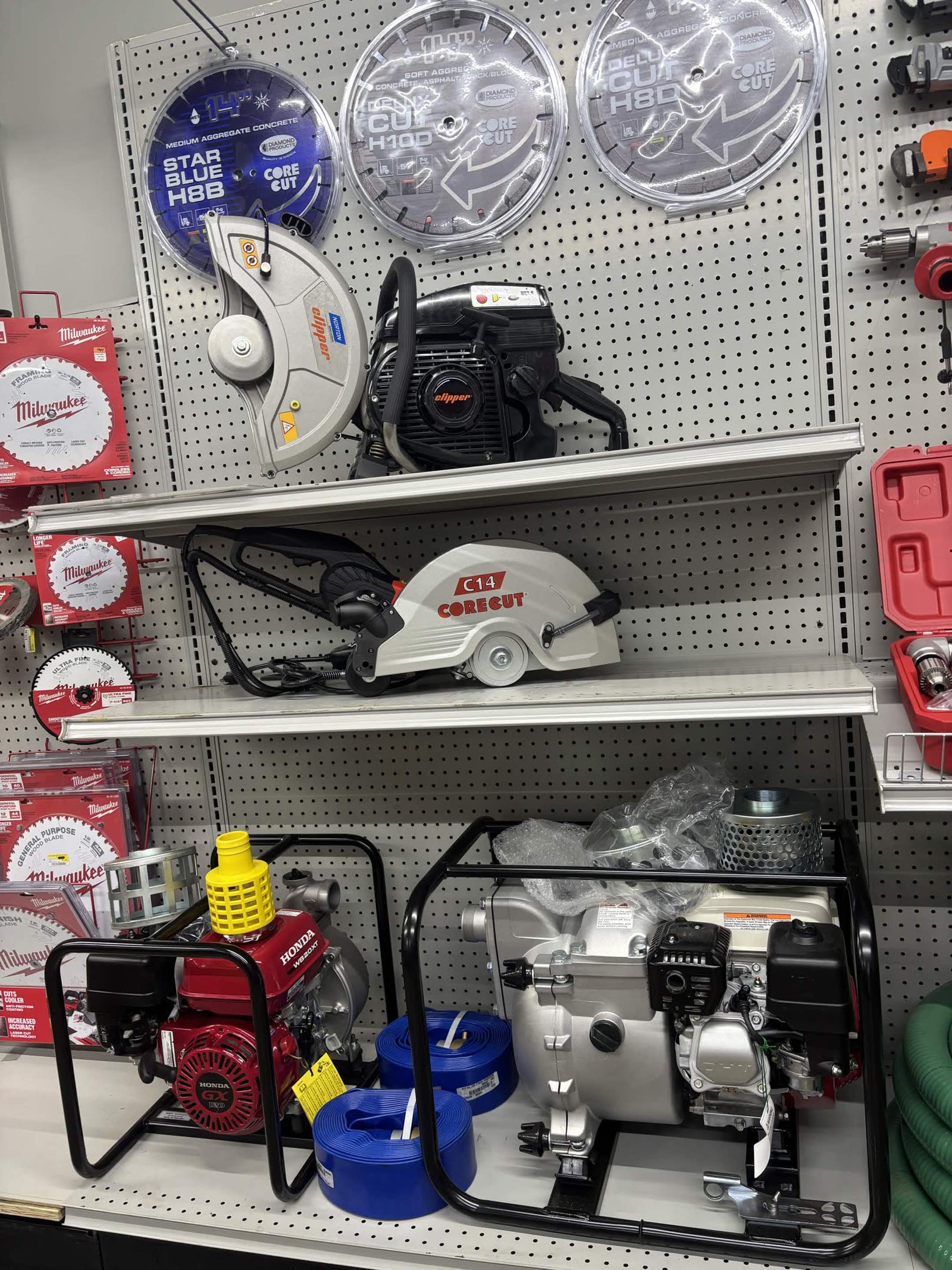 Concrete saws and Honda trash and transfer pumps in the rental department at Cardinal Hardware