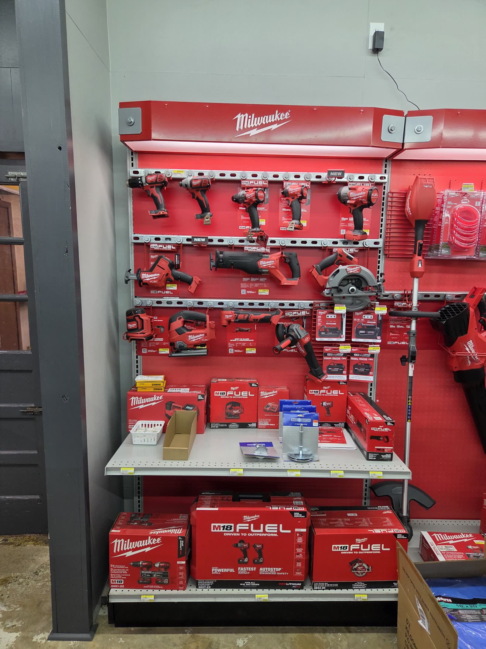 Milwaukee M18 Fuel cordless tool wall and Packout display at Cardinal Hardware in Summit, MS