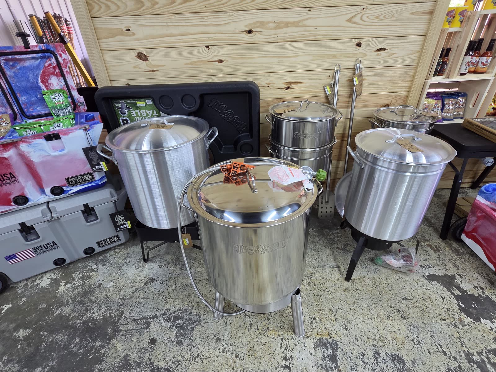 Bayou Classic stainless stockpots with hooked baskets and propane jet cookers at Cardinal Hardware