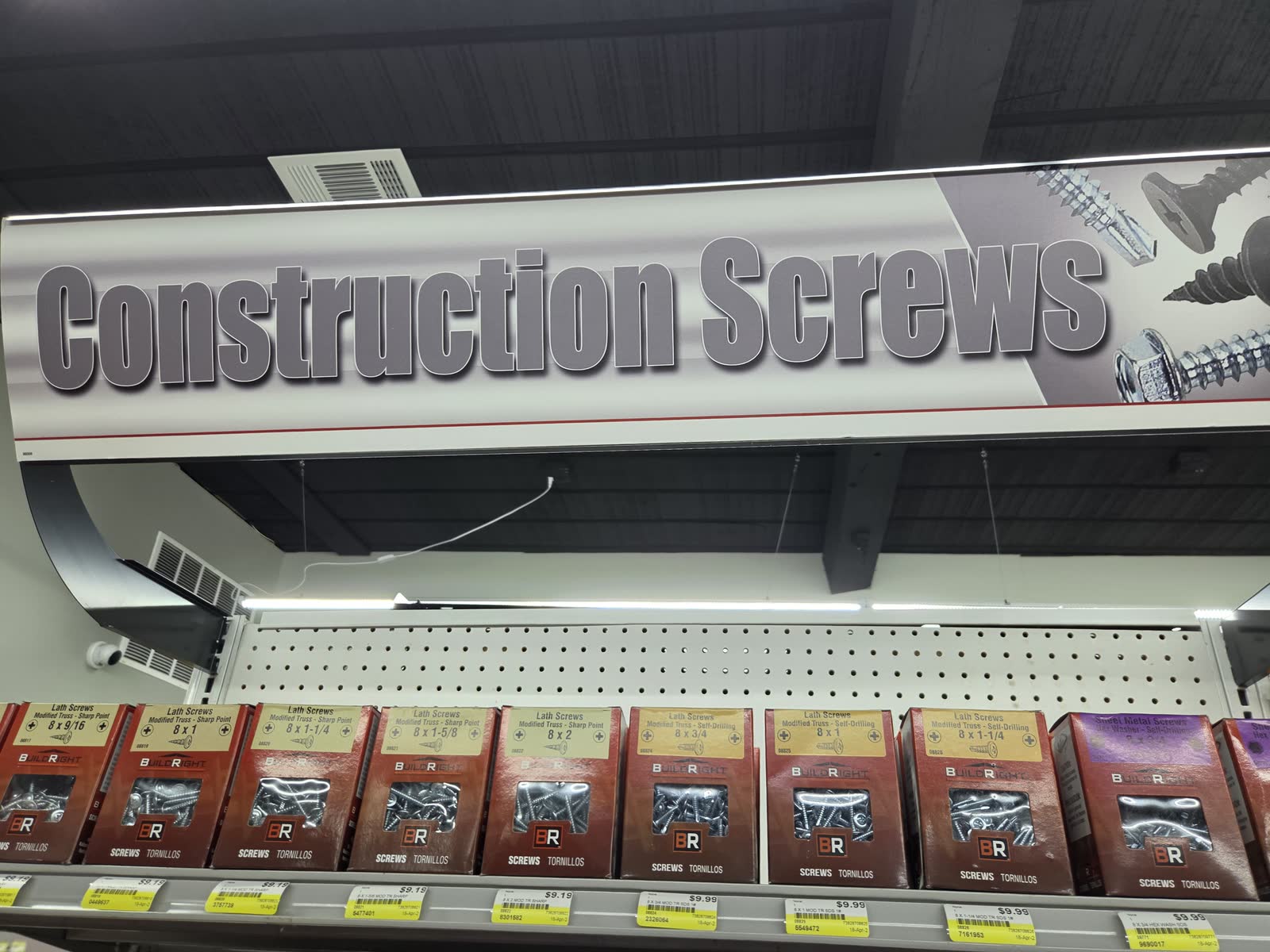 Construction screws aisle banner at Cardinal Hardware — BuildRight, TorqueMaster, Midwest Fastener