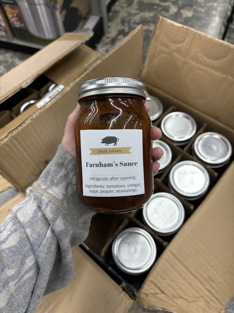 Uncle Johnny's Farnham's Sauce in mason jars at Cardinal Hardware