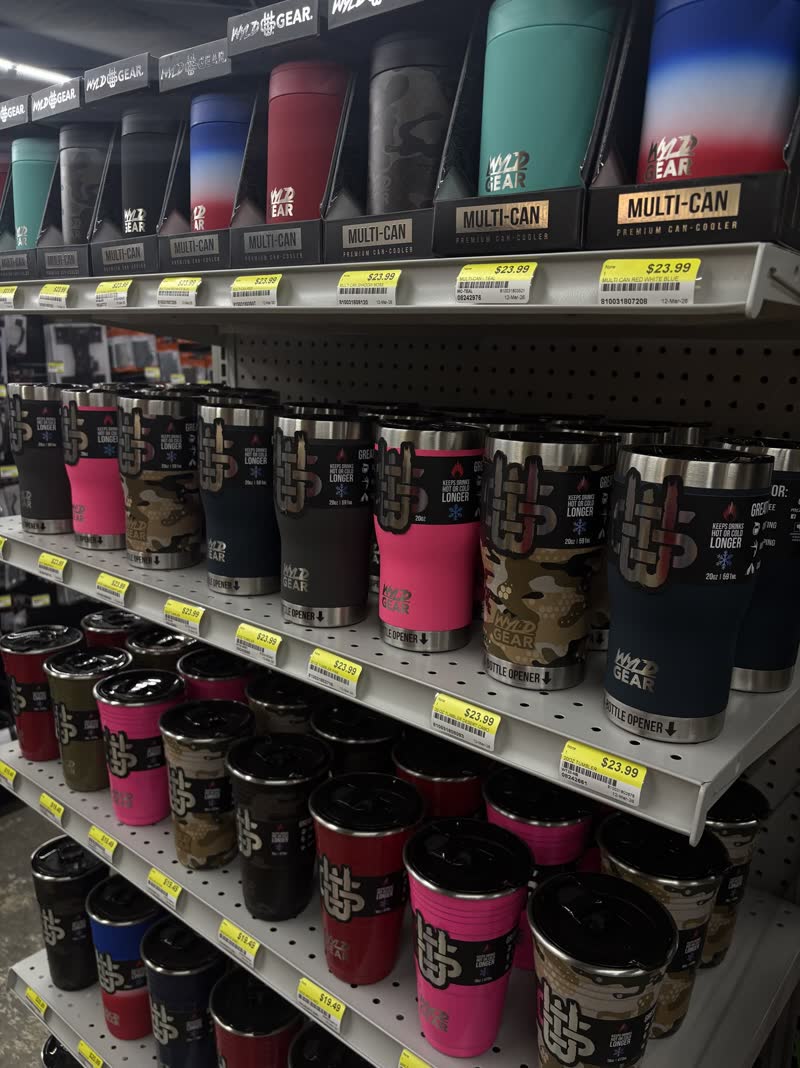 Wyld Gear premium tumblers and Multi-Can can-coolers wall at Cardinal Hardware in Summit, MS