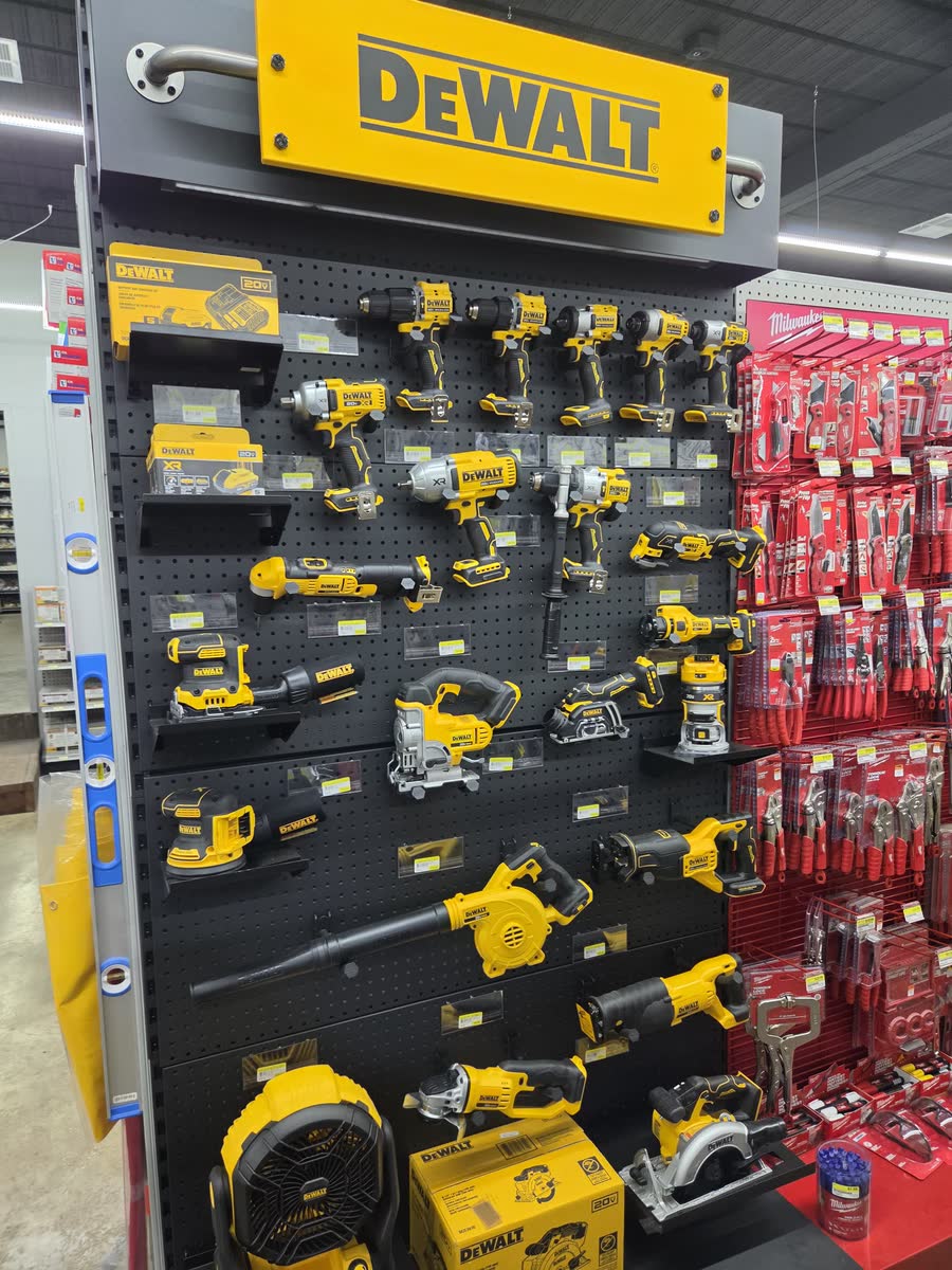 DeWalt 20V cordless tool wall display at Cardinal Hardware in Summit, MS