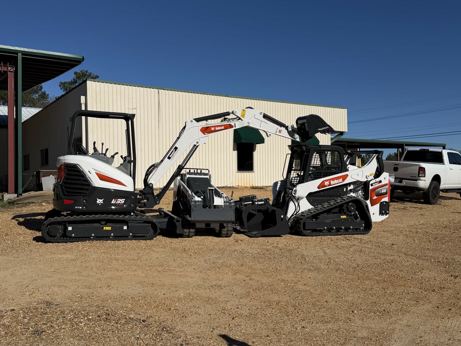 Bobcat E35 mini excavator and Bobcat T66 compact track loader on the lot at Cardinal Hardware in Summit, MS