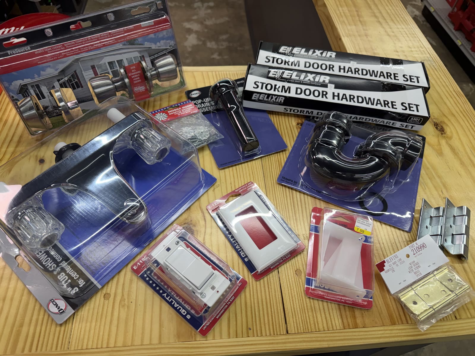 Mobile home repair parts displayed on the counter at Cardinal Hardware