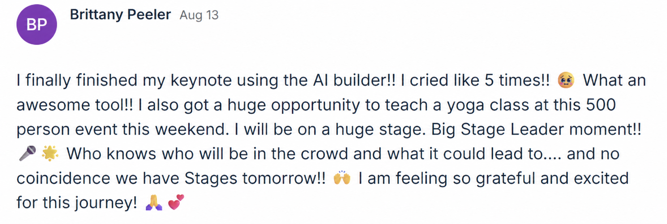 Customer testimonial about finishing her keynote using the AI builder.
