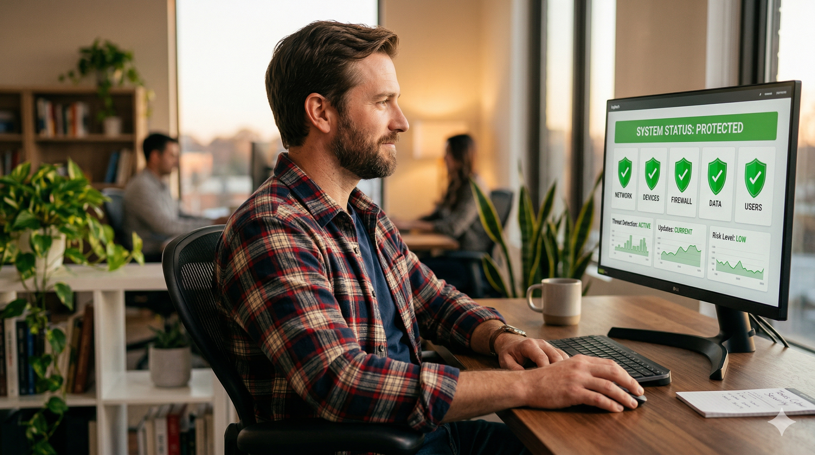 Side profile of a relaxed IT professional in a flannel shirt working at a wooden desk in a sunlit office. He is looking at a computer monitor displaying a clean security dashboard with green "System Status: Protected" icons, conveying a sense of control and safety.