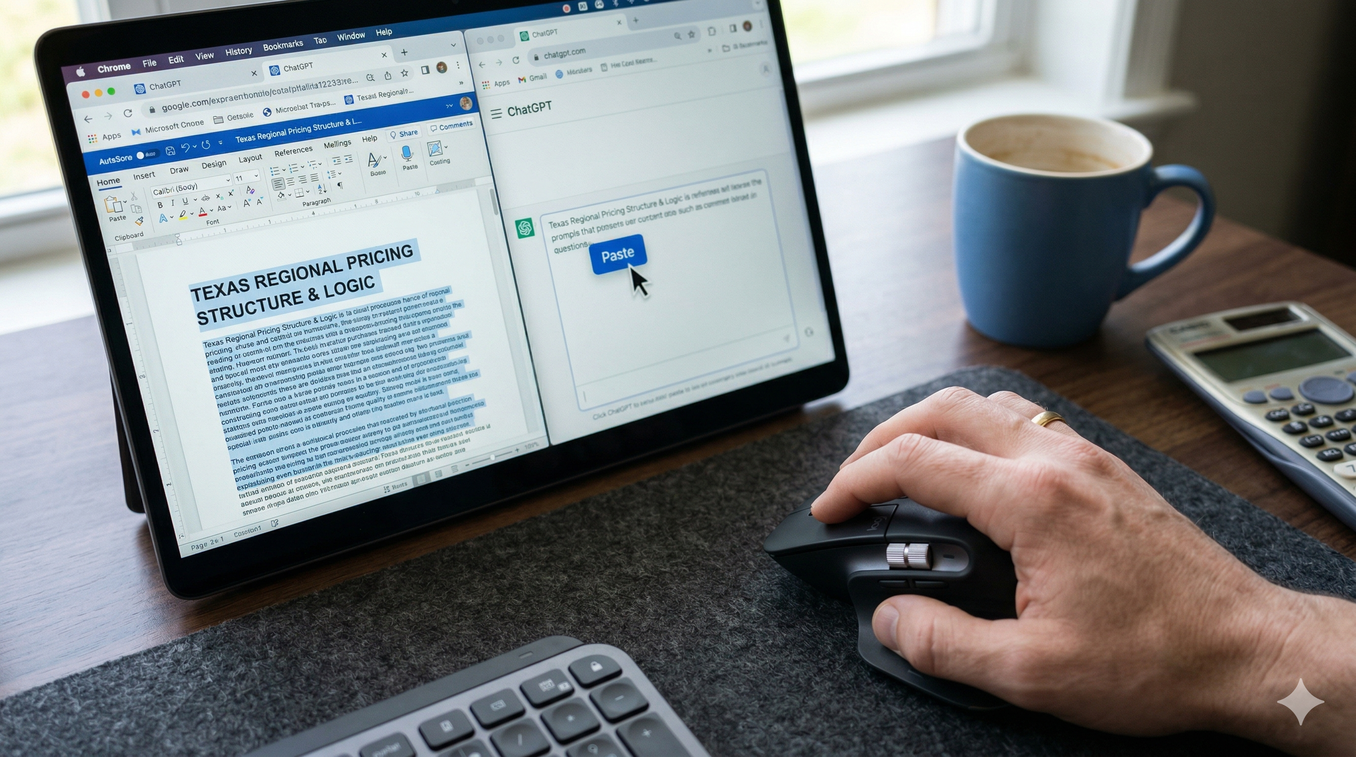 A tight close-up shot of a hand operating a mouse on a felt desk mat. The screen displays a "ChatGPT" tab and a document titled "Texas Regional Pricing Structure & Logic," with the cursor positioned over the "Paste" button in the AI prompt box. A cold coffee mug is blurred in the background.