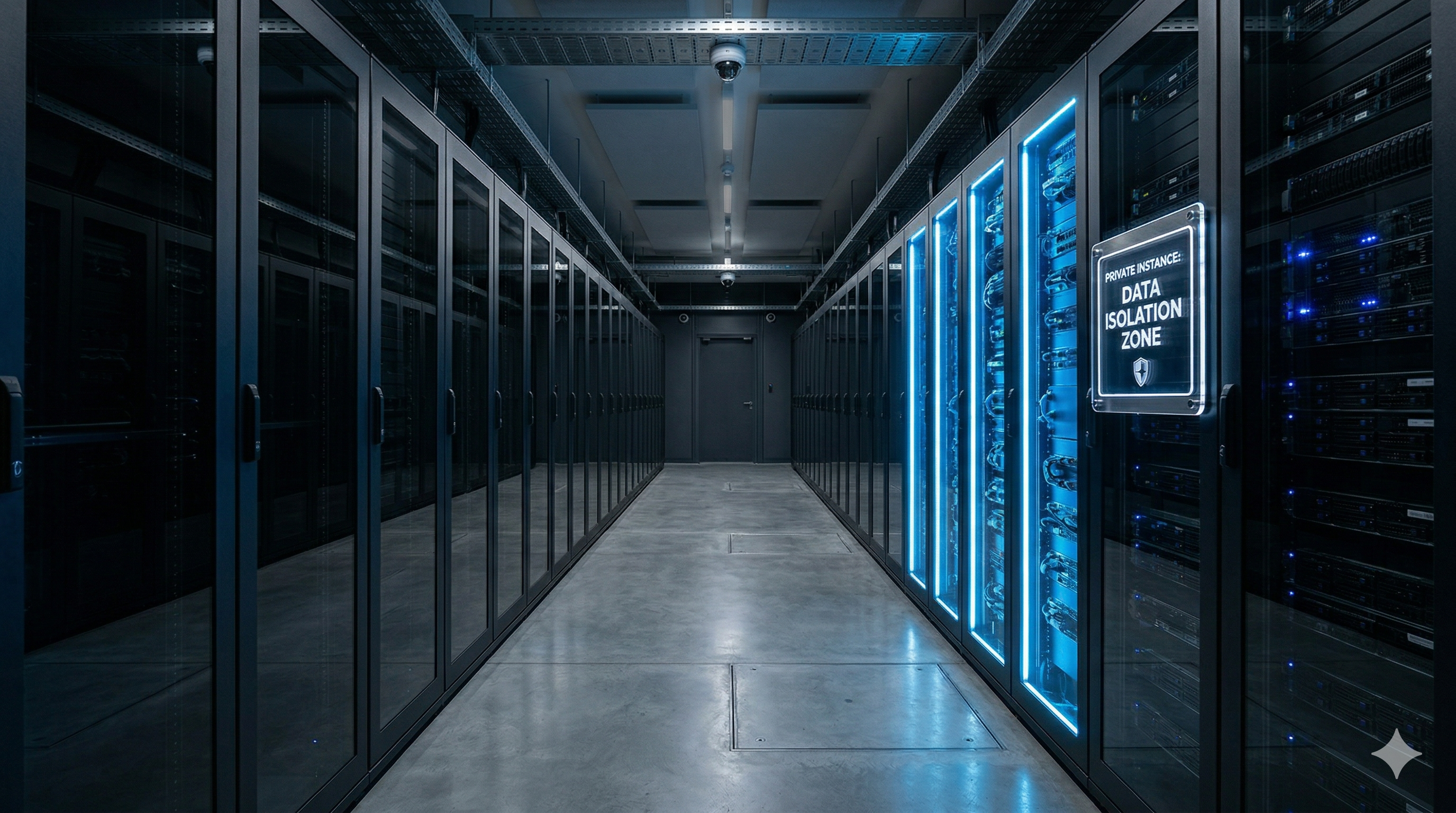 A clean, wide-angle interior photograph of a narrow corridor in a secure, futuristic server room. One specific section of the floor-to-ceiling server racks is illuminated with cool blue LED lighting, while other racks are dark. The illuminated section bears a physical acrylic badge that reads "PRIVATE INSTANCE: DATA ISOLATION ZONE."