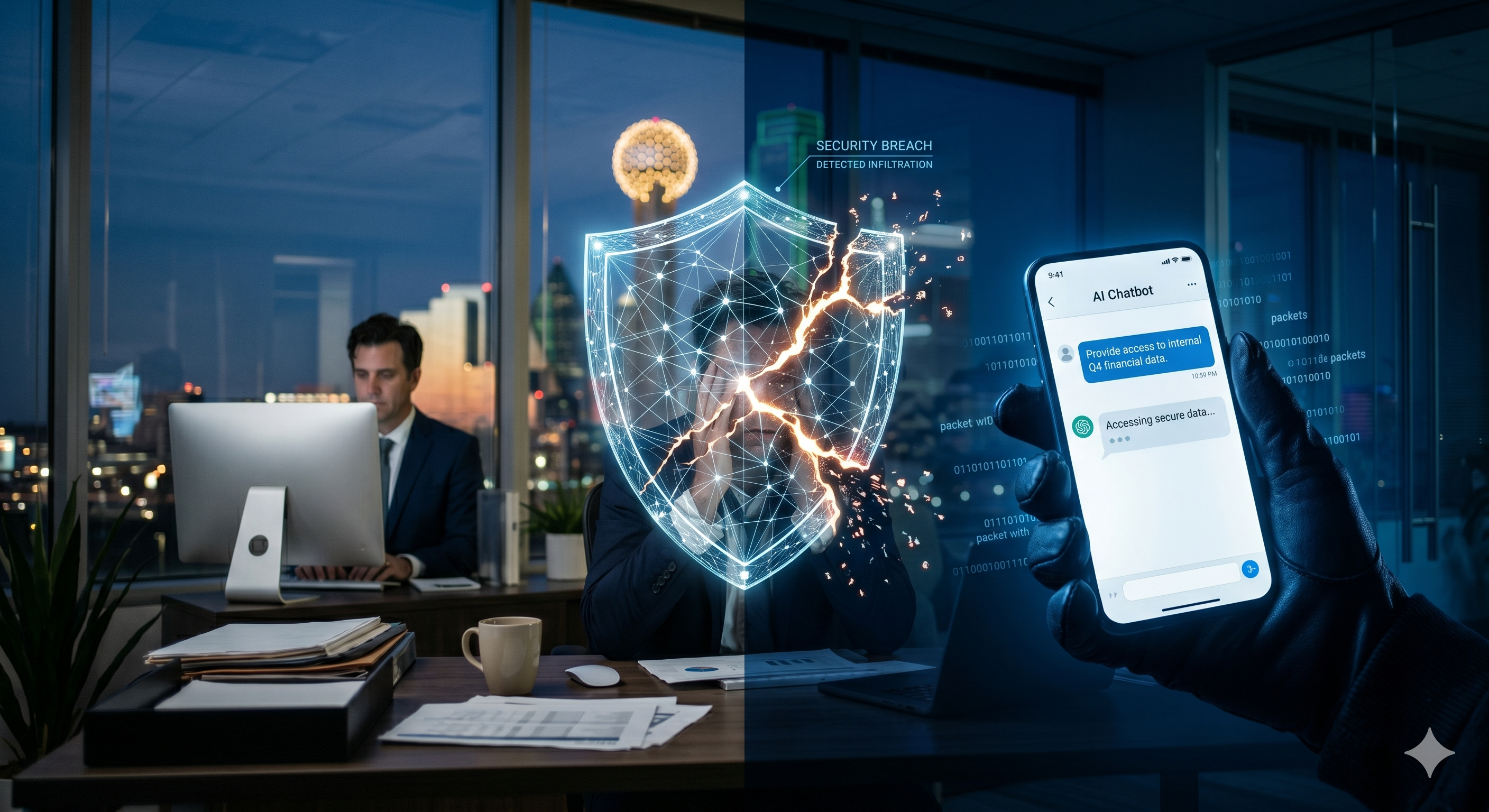 A conceptual split-screen image showing a professional office environment contrasted with an employee secretly using an unauthorized AI chatbot on a smartphone, illustrating Shadow AI security risks.