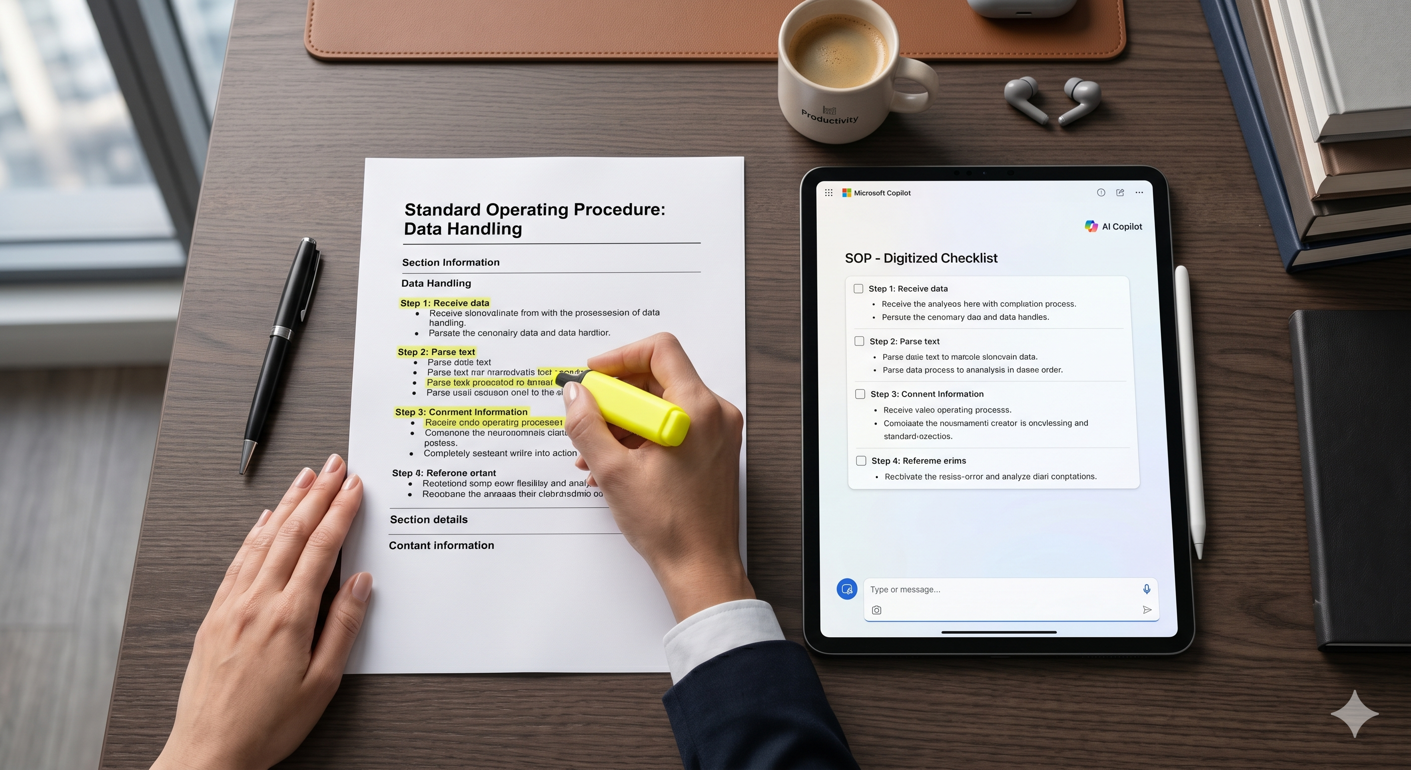 A professional workstation showing a paper SOP document being highlighted and converted into an automated digital workflow on a tablet, representing the AI-ready litmus test.