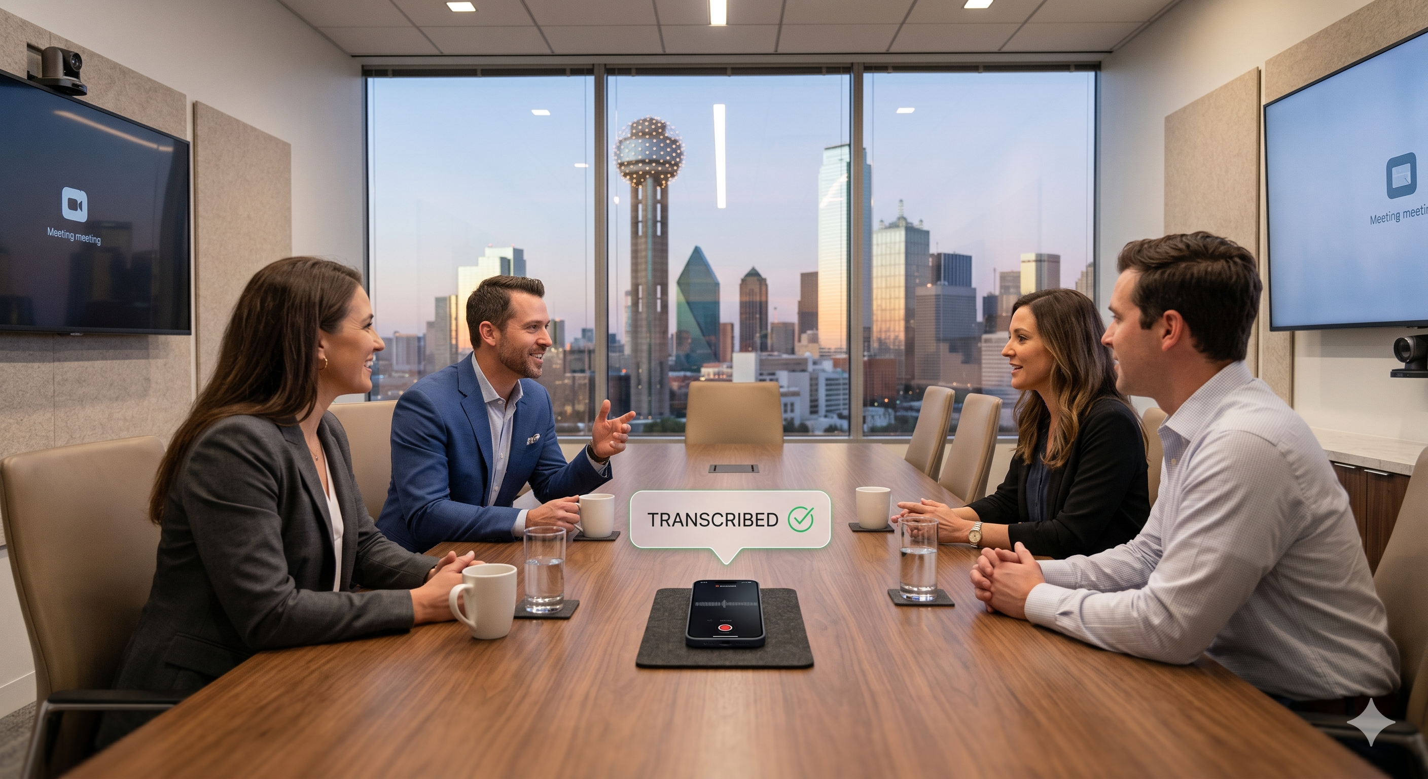 A productive business meeting in Dallas where team members focus on strategy while an AI tool handles automated note-taking and action items.