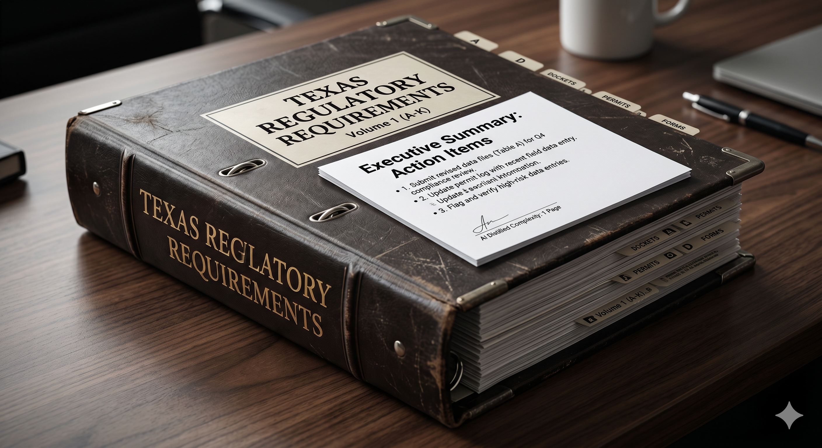 A single-page AI executive summary resting on a thick stack of Texas business regulations, symbolizing the "Regulatory Shield" for business owners.