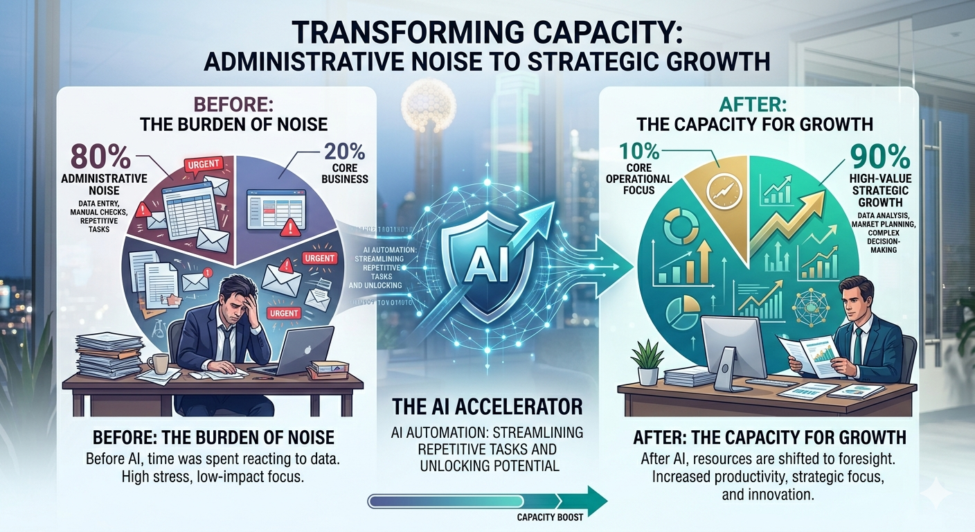 A business growth chart showing a "Before and After" comparison of employee capacity, shifting from 80% administrative noise to 90% high-value strategic growth using AI automation.