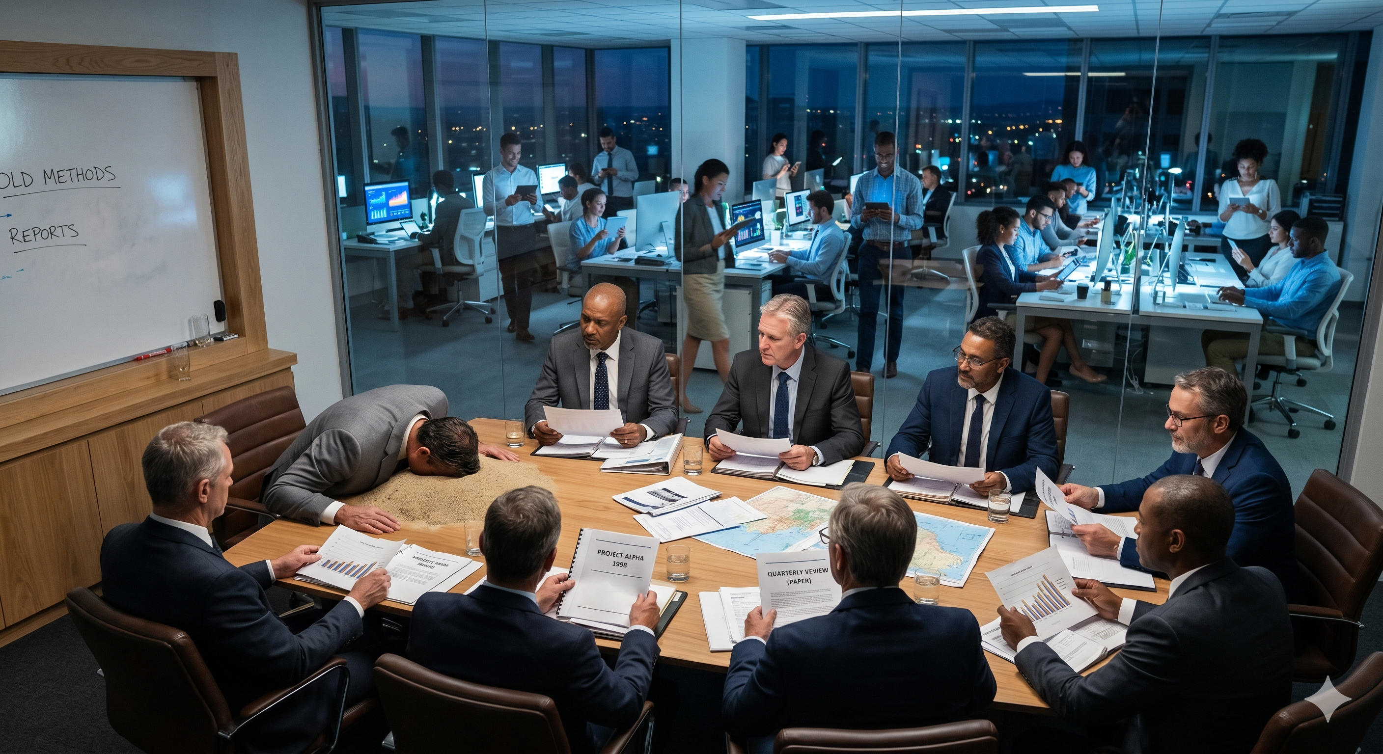 A business leader ignoring the reality of employees using unauthorized AI tools in the workplace. A business leader ignoring the reality of employees using unauthorized AI tools in the workplace.