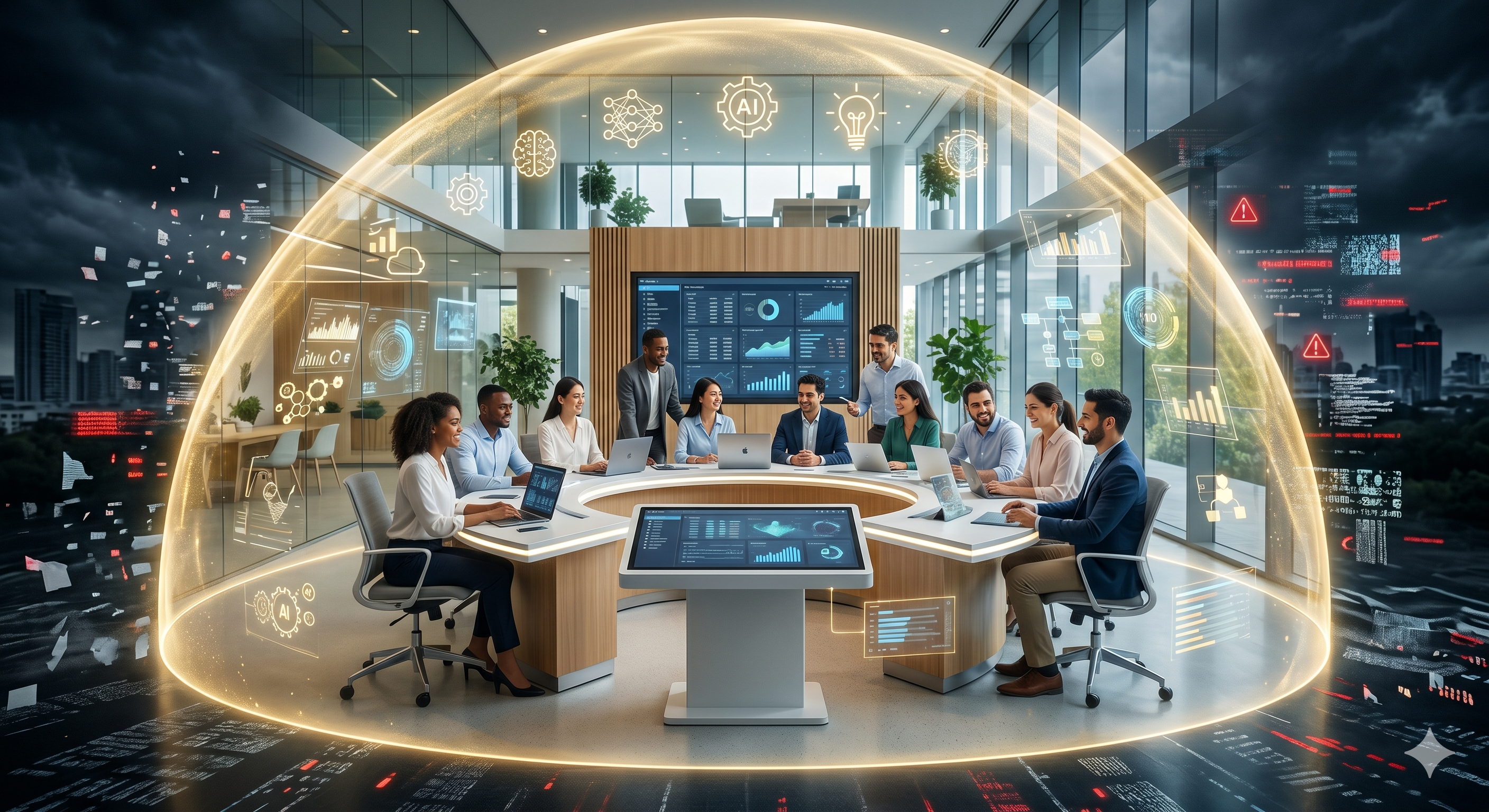 A business team working safely within a secure, encrypted AI environment. A business team working safely within a secure, encrypted AI environment.