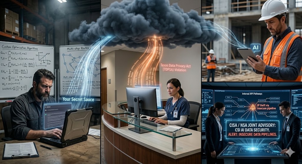 A composite photograph illustrating three concrete examples of business data leakage—logistics algorithms, patient PII, and federal intellectual property—all facilitated by unauthorized, public AI usage. A composite photograph illustrating three concrete examples of business data leakage—logistics algorithms, patient PII, and federal intellectual property—all facilitated by unauthorized, public AI usage.
