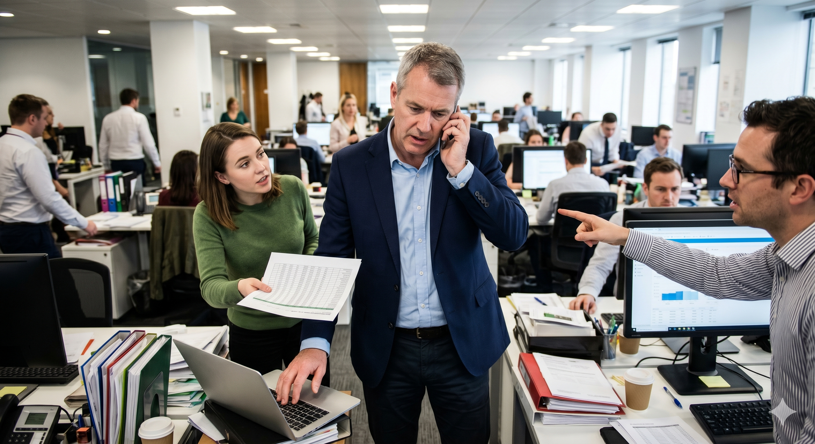 A busy CEO overwhelmed by constant employee questions and administrative interruptions.