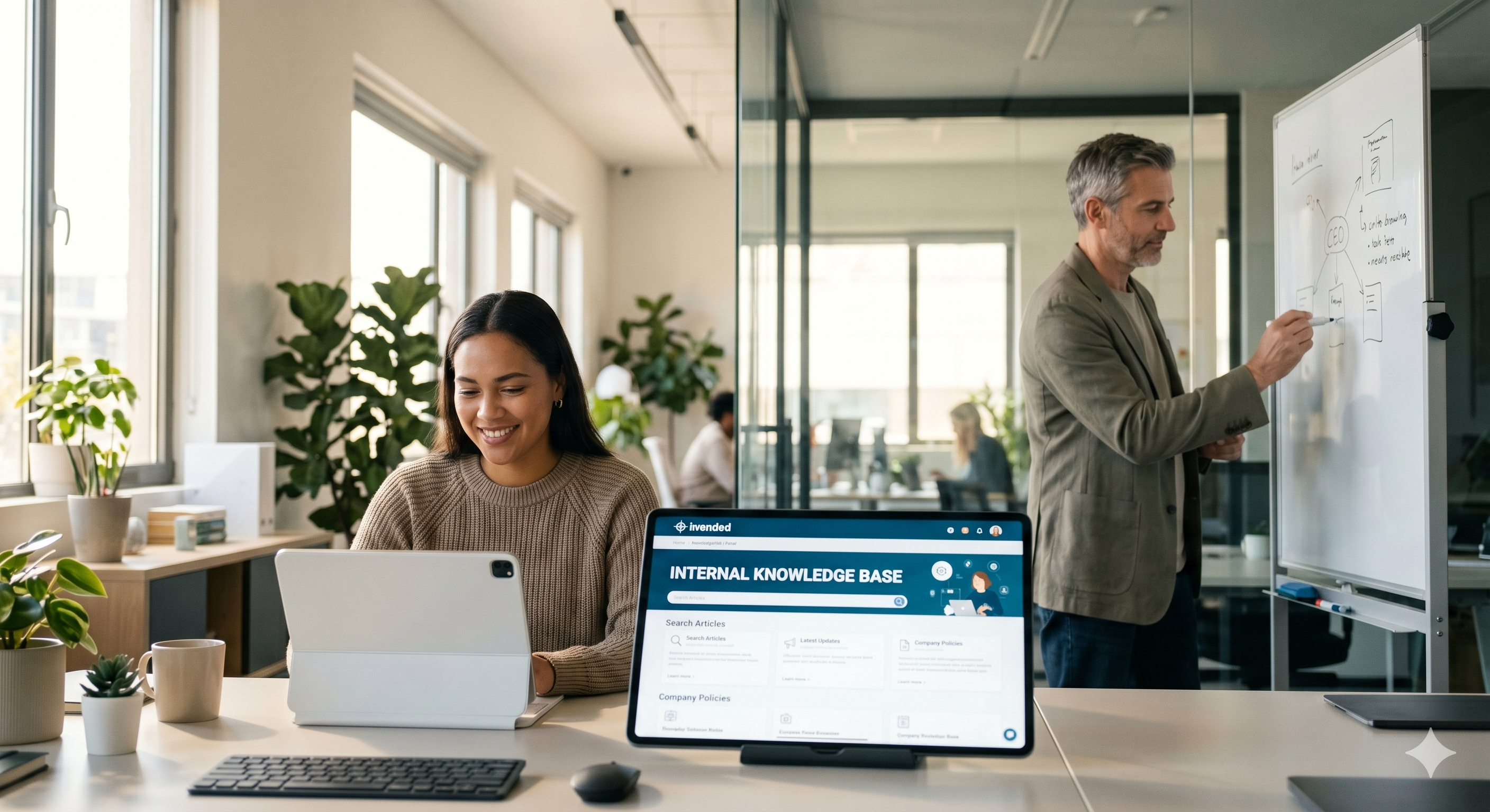 An employee finding answers in a private company AI wiki instead of interrupting the CEO.