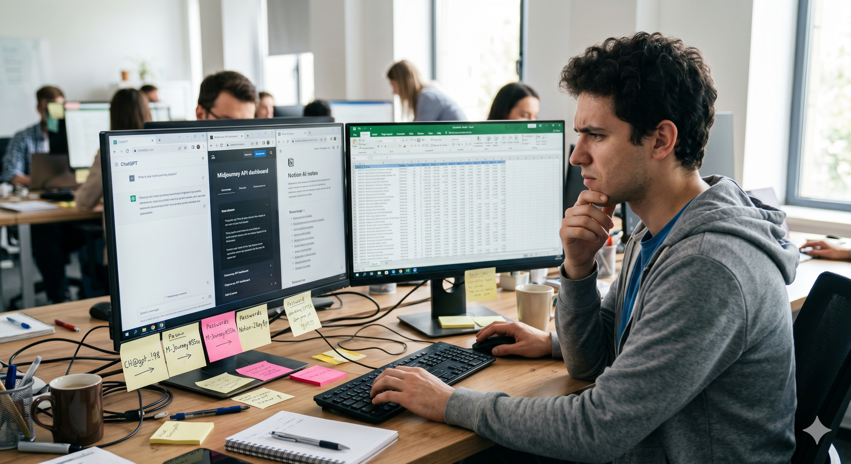 An employee struggling with manual data entry between multiple unintegrated AI software tools. An employee struggling with manual data entry between multiple unintegrated AI software tools.