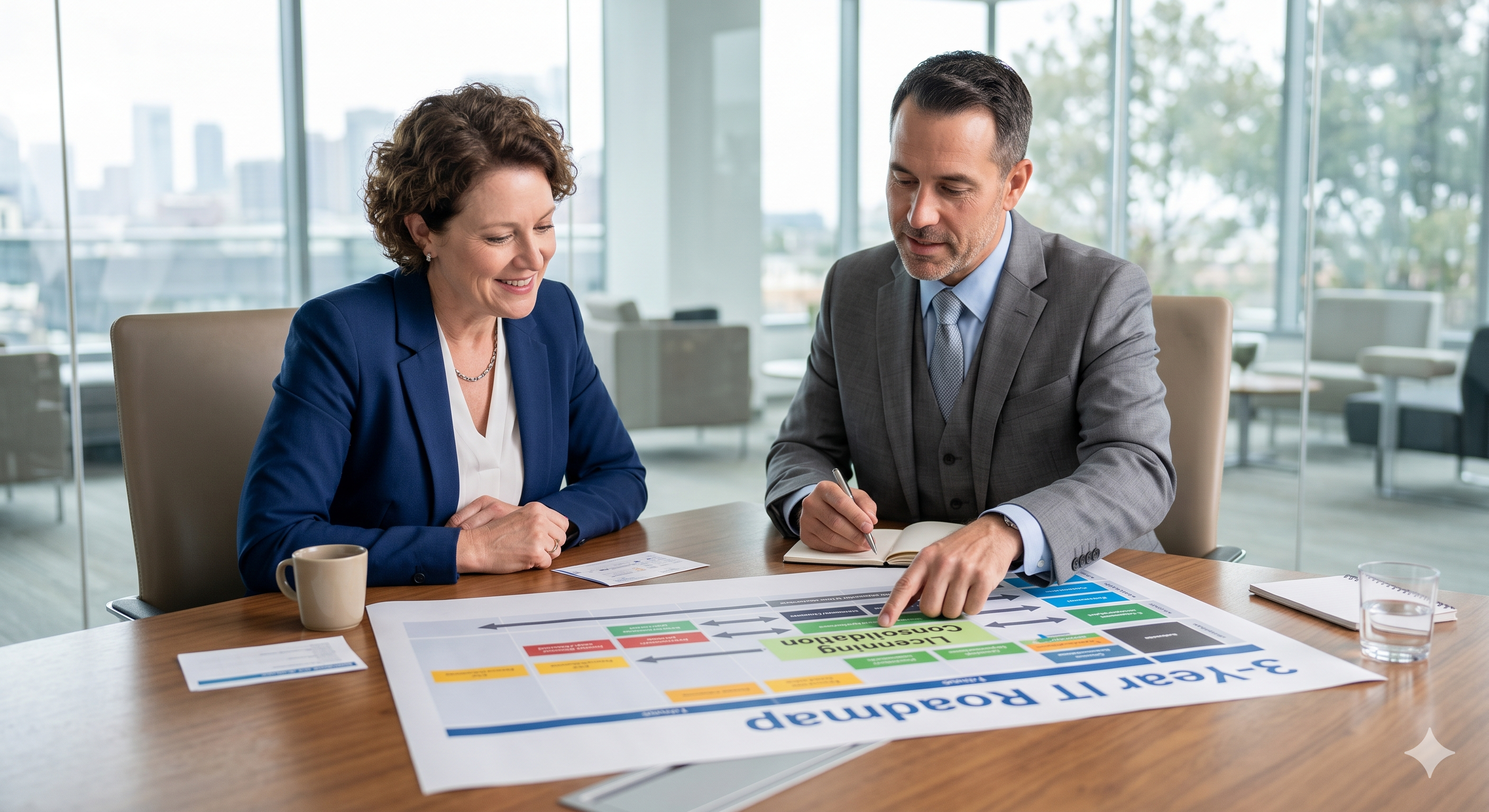 A fractional vCIO presenting a structured IT and AI roadmap to a business owner to reduce technology waste. A fractional vCIO presenting a structured IT and AI roadmap to a business owner to reduce technology waste.