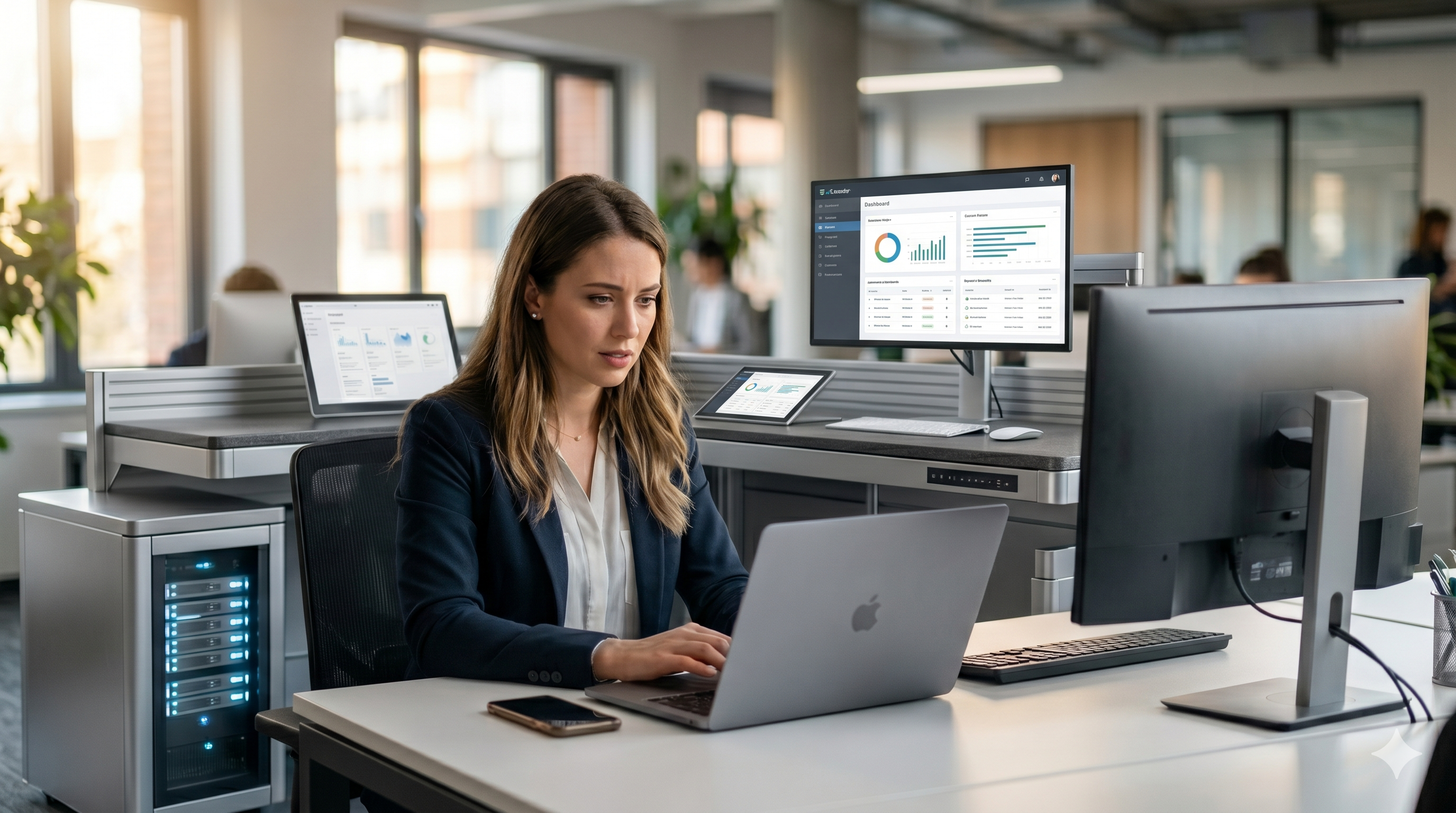 A sturdy and seamlessly integrated custom business workstation, visualizing a stable and permanent professional technology infrastructure. A sturdy and seamlessly integrated custom business workstation, visualizing a stable and permanent professional technology infrastructure.