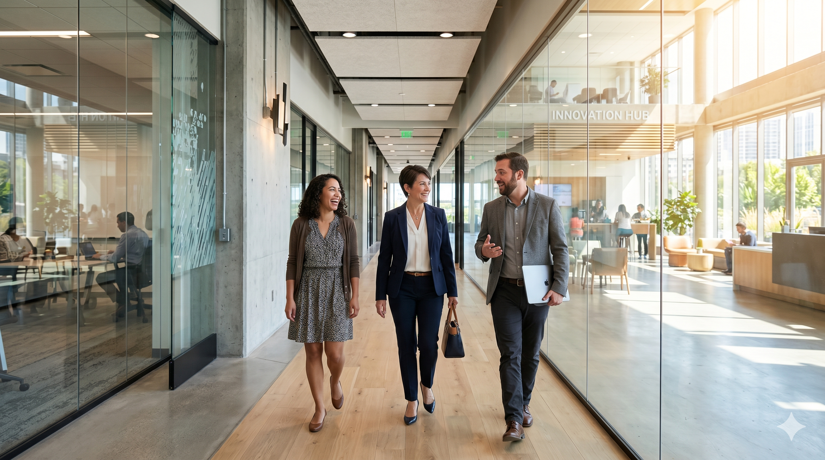 A business team moving forward confidently with a secure and managed technology foundation. A business team moving forward confidently with a secure and managed technology foundation.