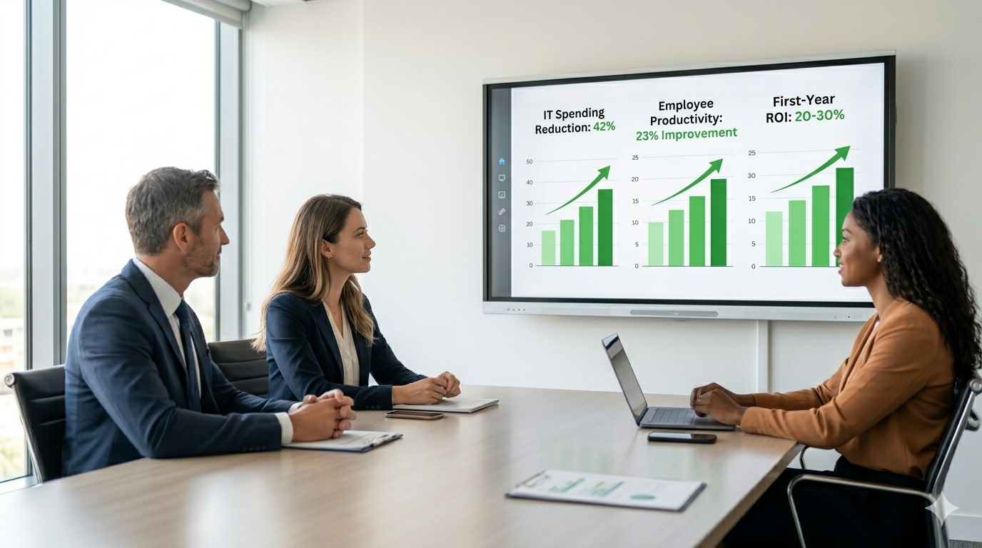 A business team reviewing positive financial and productivity data from structured IT investments in a bright meeting room. A business team reviewing positive financial and productivity data from structured IT investments in a bright meeting room.