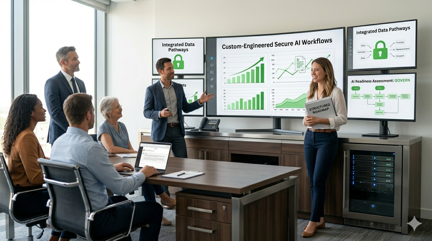 A business leader presenting a successful, integrated AI workflow that was built following a structured implementation roadmap. A business leader presenting a successful, integrated AI workflow that was built following a structured implementation roadmap.