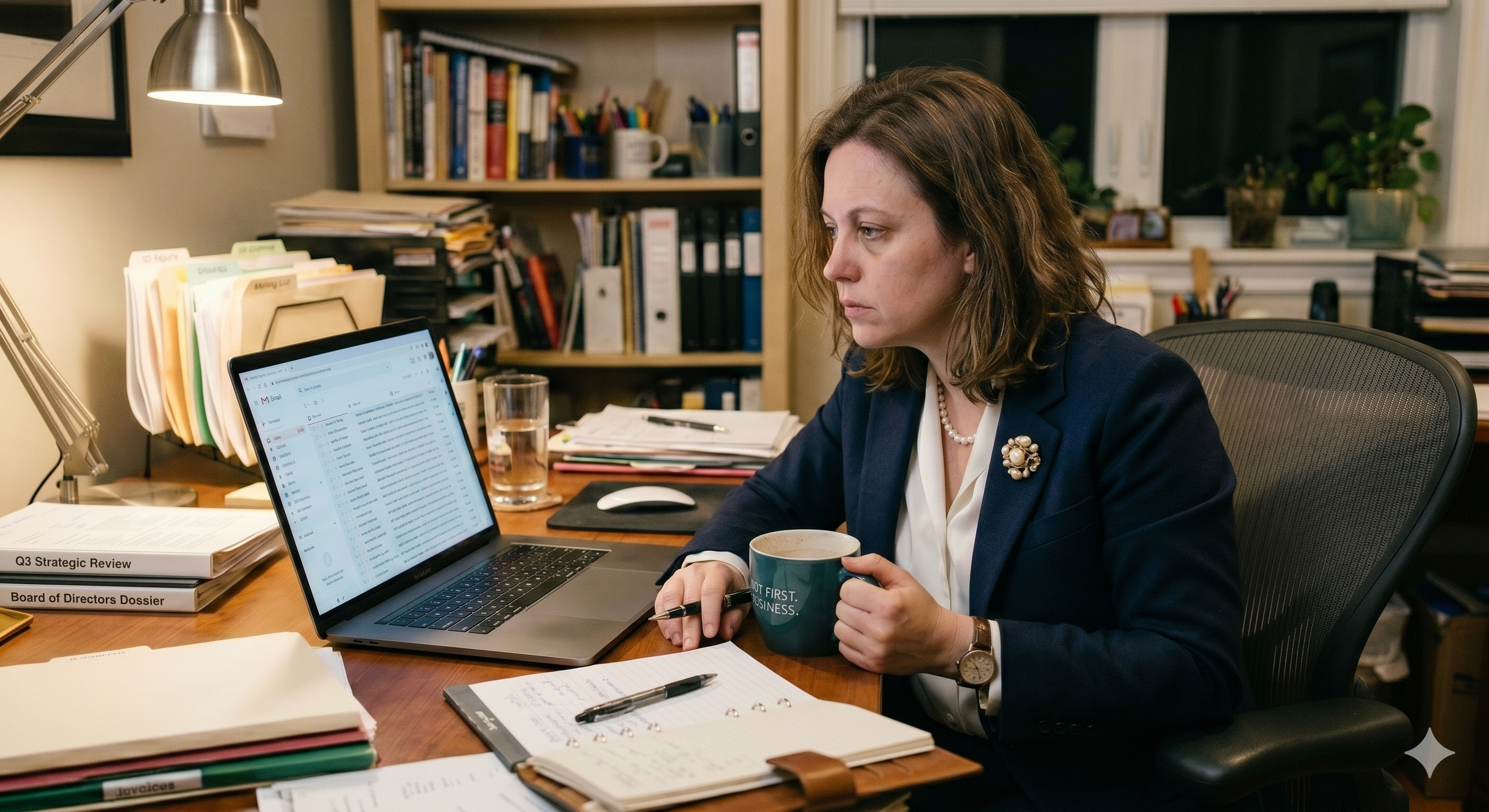 A professional woman in her late 30s, dressed in a navy executive blazer and white blouse, sits at a large wooden desk in a well-organized office. She holds a coffee mug and gazes with a serious, focused expression at a laptop screen displaying a cluttered email inbox with hundreds of unread messages. Beside her laptop are leather-bound dossiers labeled 'Board Dossier' and 'M&A Pipeline,' highlighting her role as a high-level decision-maker managing a heavy administrative workload. A professional woman in her late 30s, dressed in a navy executive blazer and white blouse, sits at a large wooden desk in a well-organized office. She holds a coffee mug and gazes with a serious, focused expression at a laptop screen displaying a cluttered email inbox with hundreds of unread messages. Beside her laptop are leather-bound dossiers labeled 'Board Dossier' and 'M&A Pipeline,' highlighting her role as a high-level decision-maker managing a heavy administrative workload.