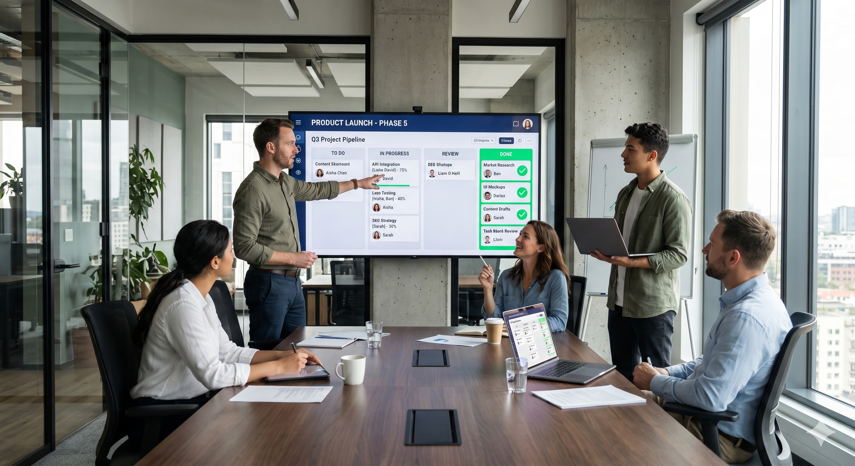 A diverse professional team in a modern, glass-walled conference room collaborating around a large digital display. The screen shows a 'Q3 Product Launch Roadmap' with a clean, dark-mode interface featuring columns for 'To Do,' 'In Progress,' and 'Done.' One team member points to a series of green checkmarks indicating completed tasks, while others look on with laptops open, visualizing a streamlined and automated workflow in a high-energy office setting. A diverse professional team in a modern, glass-walled conference room collaborating around a large digital display. The screen shows a 'Q3 Product Launch Roadmap' with a clean, dark-mode interface featuring columns for 'To Do,' 'In Progress,' and 'Done.' One team member points to a series of green checkmarks indicating completed tasks, while others look on with laptops open, visualizing a streamlined and automated workflow in a high-energy office setting.