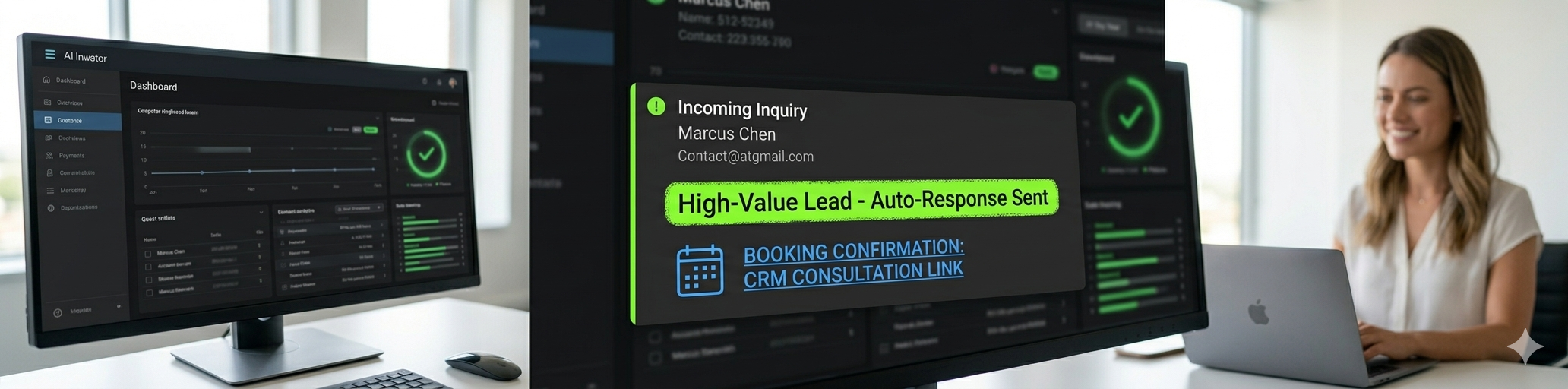 A close-up view of a dark-mode CRM dashboard displaying a new inquiry clearly marked with a green 'High-Value Lead - Auto-Response Sent' label and a calendar booking link. A close-up view of a dark-mode CRM dashboard displaying a new inquiry clearly marked with a green 'High-Value Lead - Auto-Response Sent' label and a calendar booking link.
