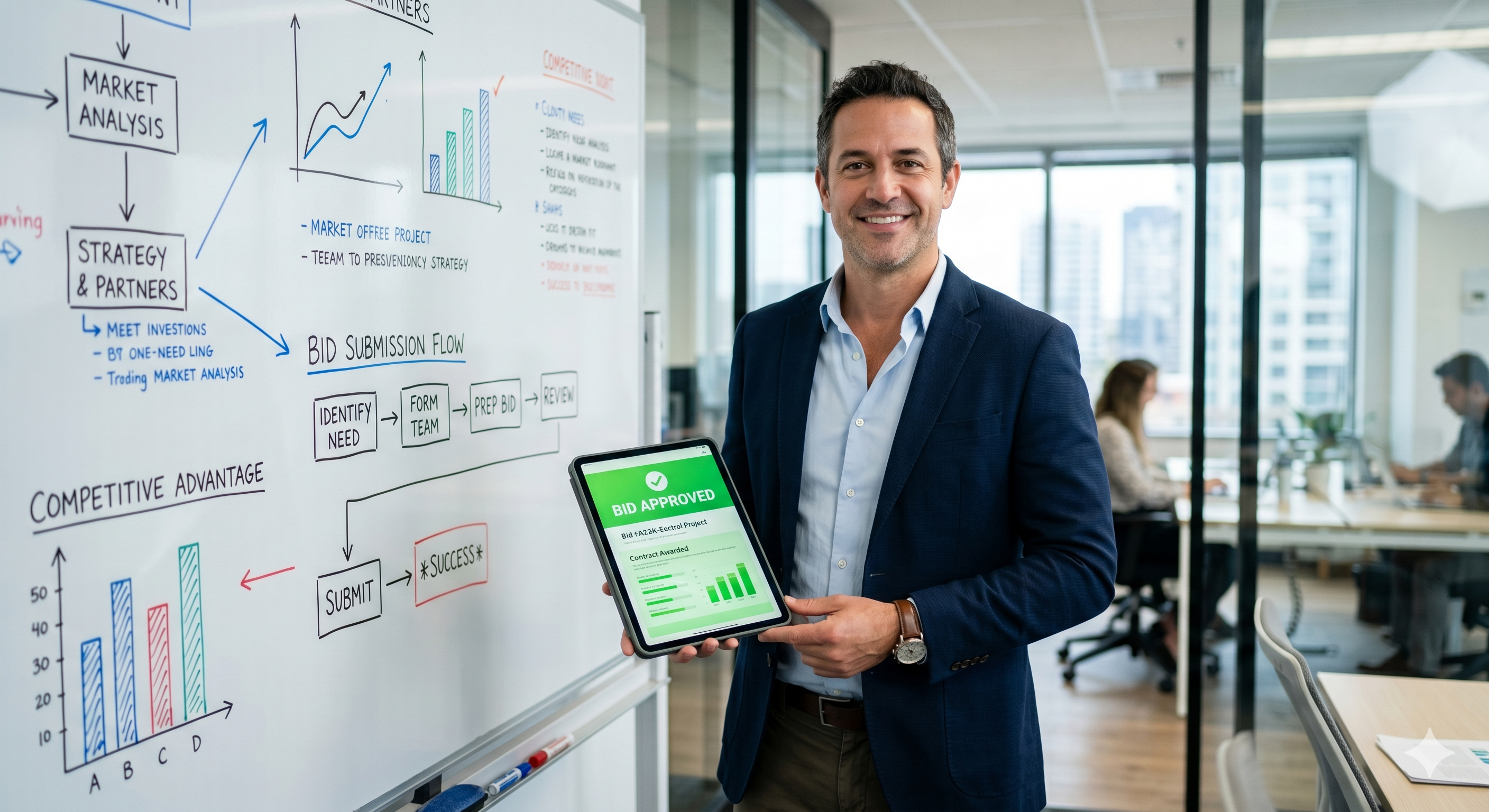 A confident, smiling male business owner holds a tablet displaying a green 'Bid Approved' screen in a modern office, standing next to a whiteboard covered in flowcharts. A confident, smiling male business owner holds a tablet displaying a green 'Bid Approved' screen in a modern office, standing next to a whiteboard covered in flowcharts.