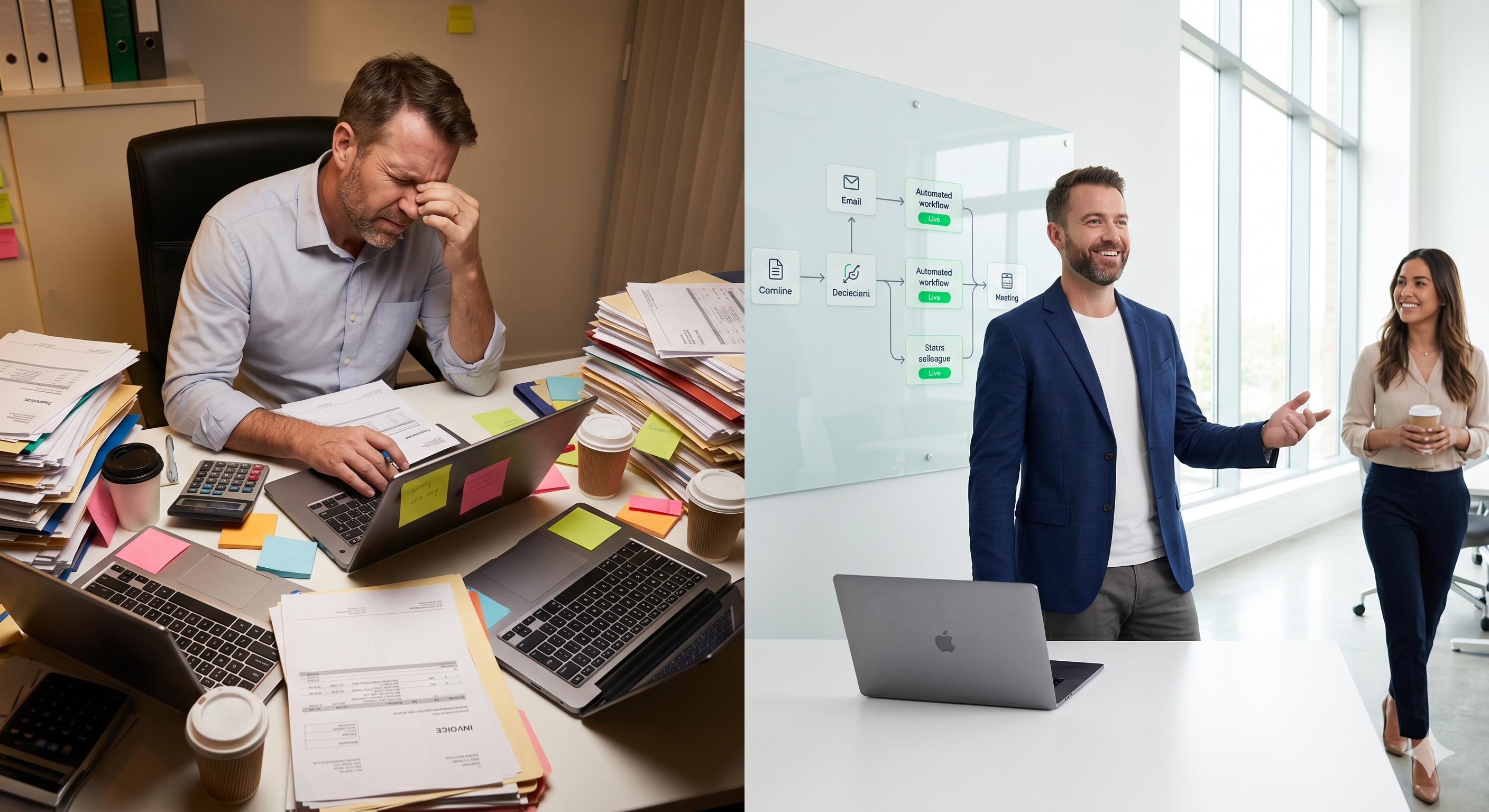 A split-screen comparison showing a stressed owner overwhelmed by manual paperwork versus Marcus leading a streamlined, automated office. A split-screen comparison showing a stressed owner overwhelmed by manual paperwork versus Marcus leading a streamlined, automated office.