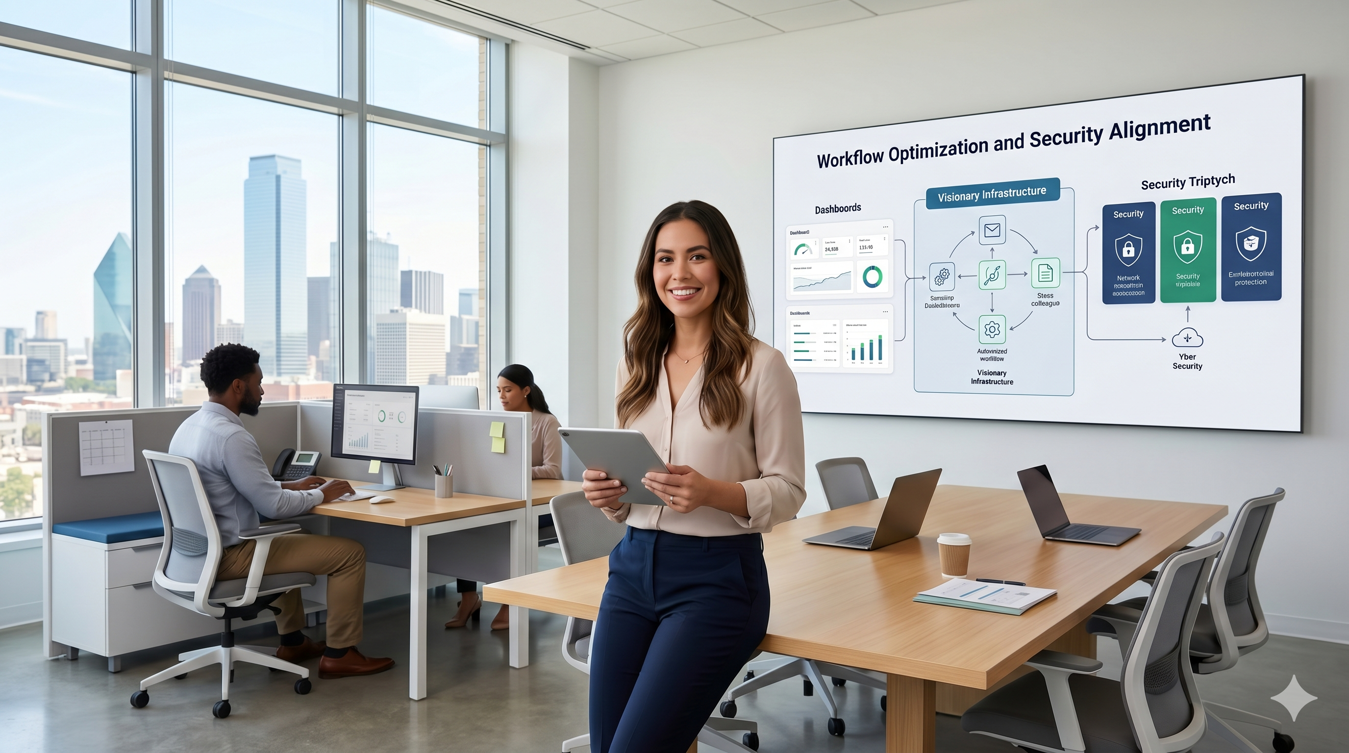 A satisfied CEO and her team working productively in a modern, secure office environment, visualizing a successful, unified IT roadmap and infrastructure. A satisfied CEO and her team working productively in a modern, secure office environment, visualizing a successful, unified IT roadmap and infrastructure.