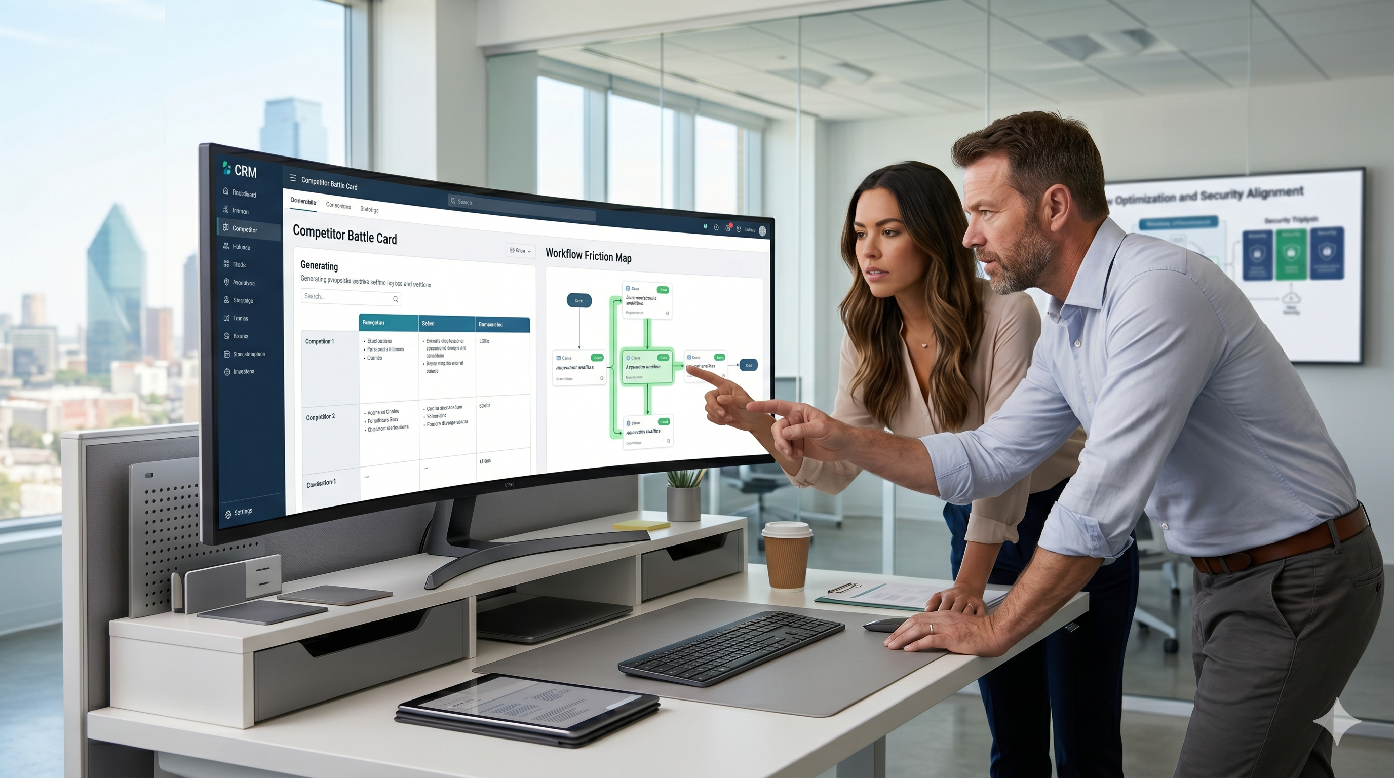 Scaling Sarah and her vCIO analyzing competitor data and operational friction on a high-end CRM interface. Scaling Sarah and her vCIO analyzing competitor data and operational friction on a high-end CRM interface.