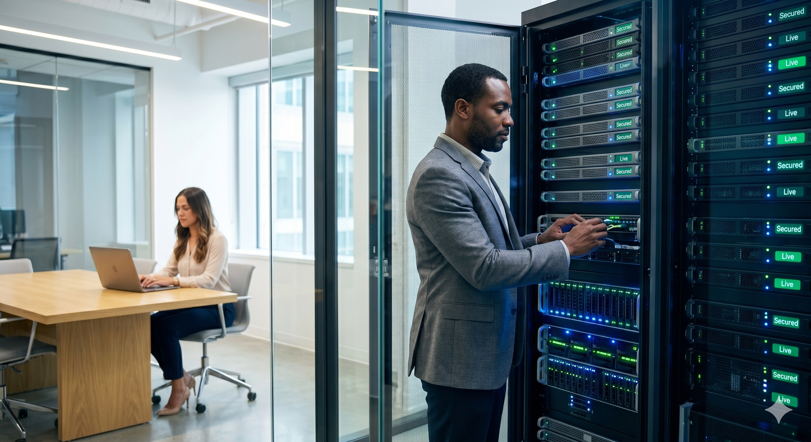 A professional IT strategist managing a secure, glass-enclosed server rack that forms the competitive moat for a modern business. A professional IT strategist managing a secure, glass-enclosed server rack that forms the competitive moat for a modern business.