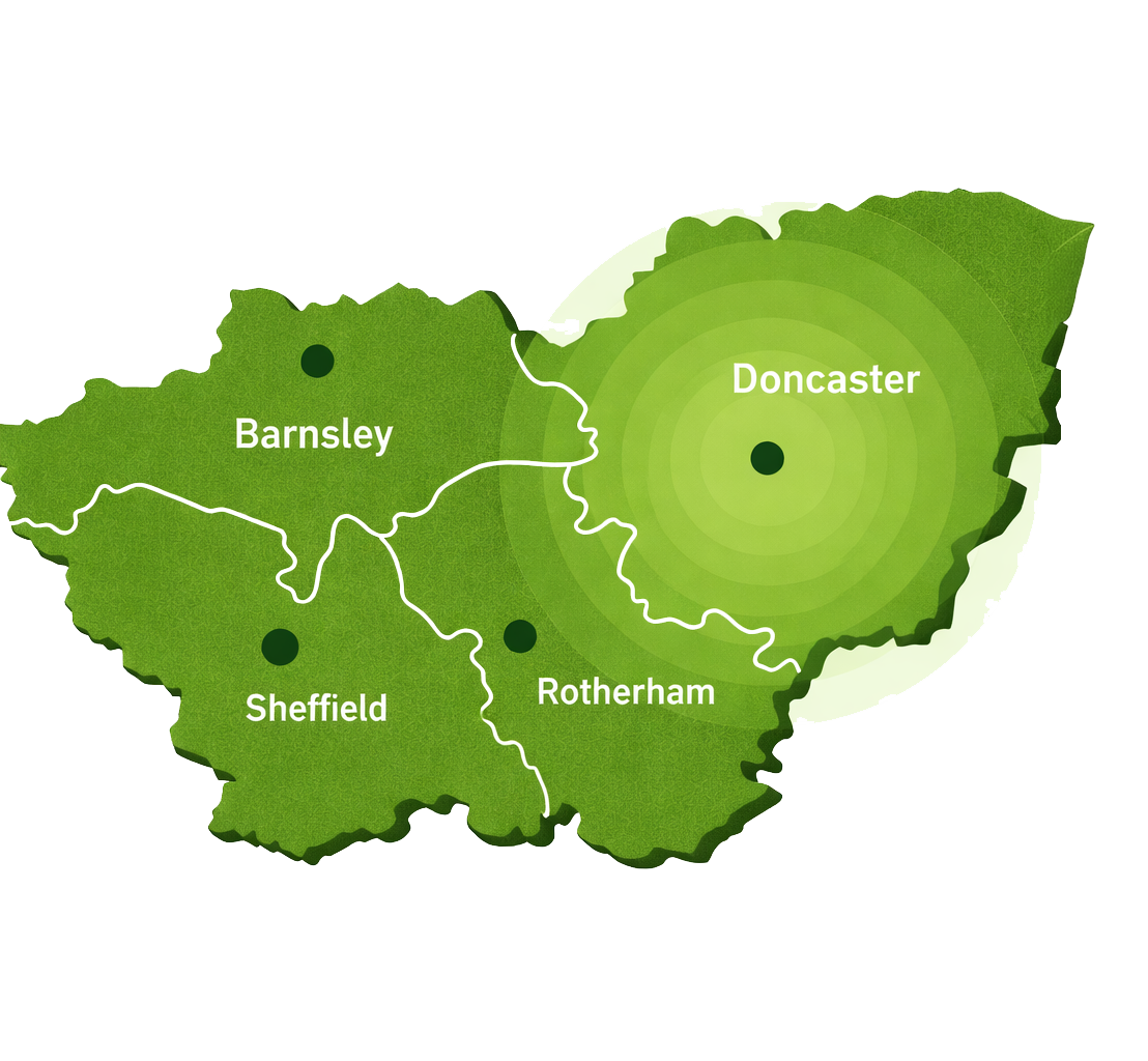 A-Z Tree Services coverage map — Doncaster, Sheffield, Rotherham, Barnsley, Wakefield and South Yorkshire