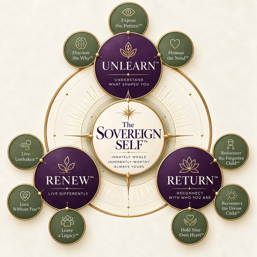 The Sovereign Self model: Unlearn, Return and Renew around the Sovereign Self, each with three steps