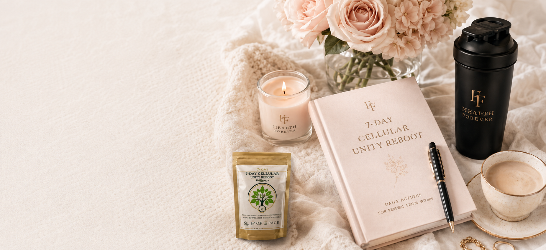 7-Day Cellular Unity Reboot journal, candle, roses, and shaker bottle