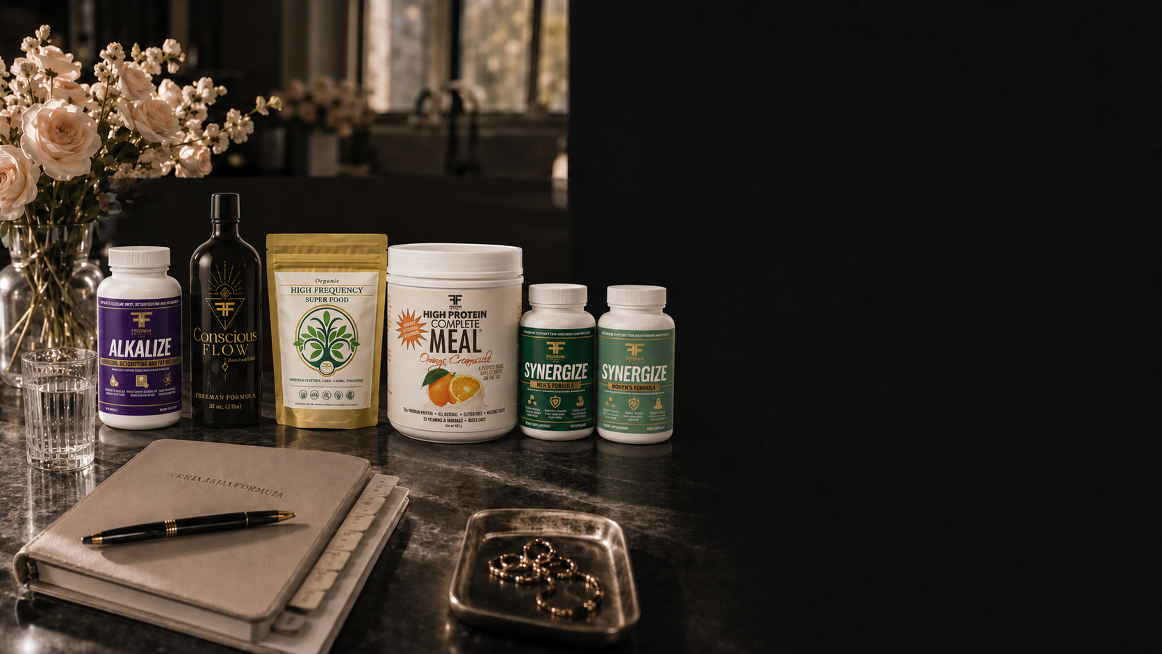 Freeman Formula product lineup with flowers and journal