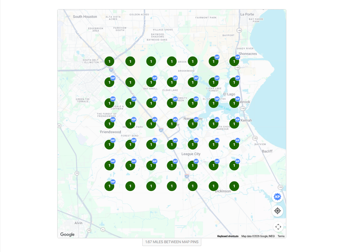 Benchmark Customs local search ranking grid after optimization showing all tracked locations ranking number one