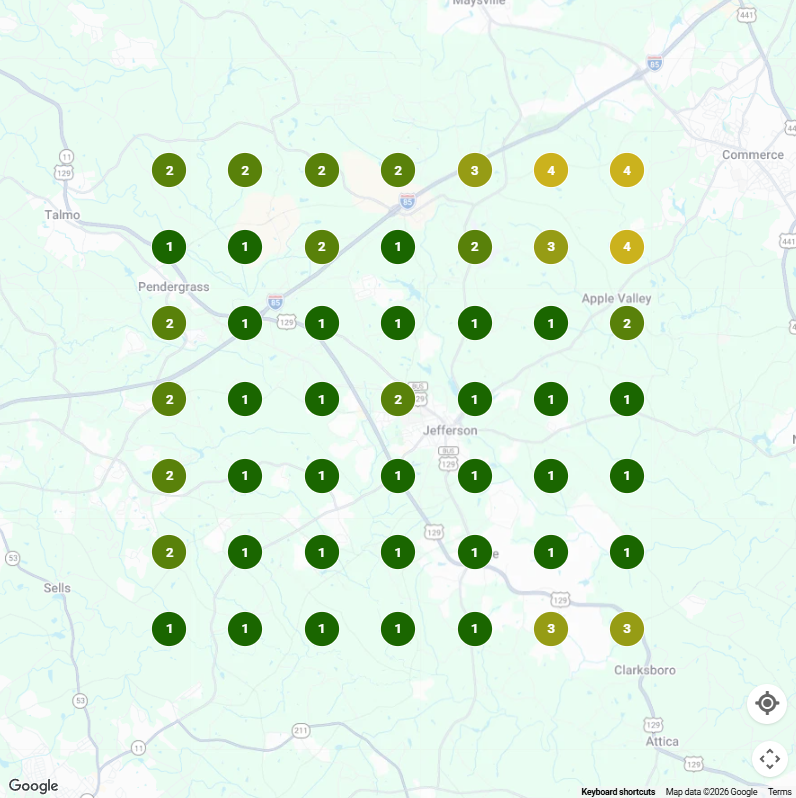 Northeastern Restoration local search ranking grid for Jefferson Georgia and surrounding service areas