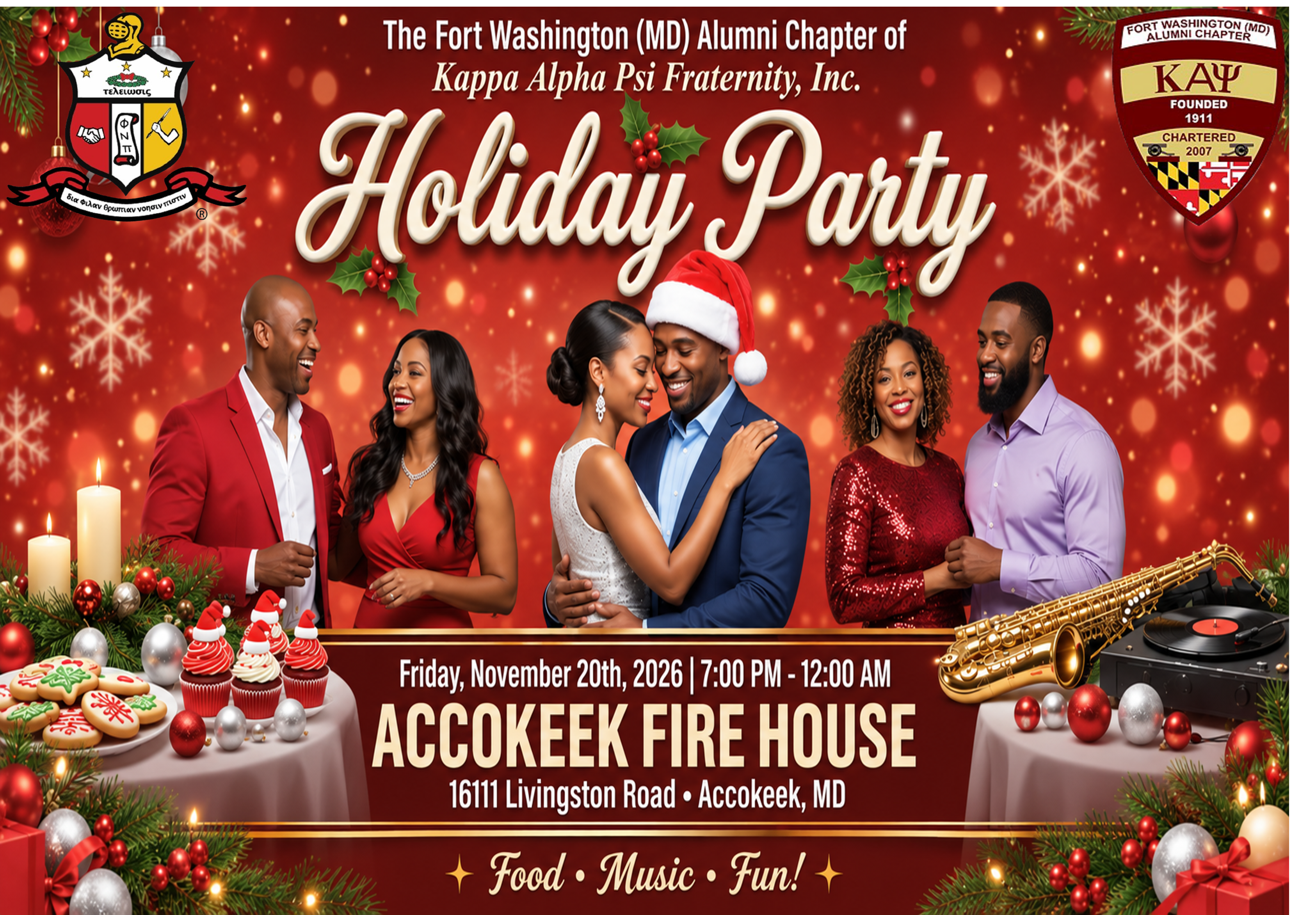 Flyer for the Krimson Holiday Party hosted by the Fort Washington (MD) Alumni Chapter of Kappa Alpha Psi Fraternity, Inc., Friday, November 20, 2026, 7:00 PM to 12:00 AM at the Accokeek Fire House. Food, music and fun.